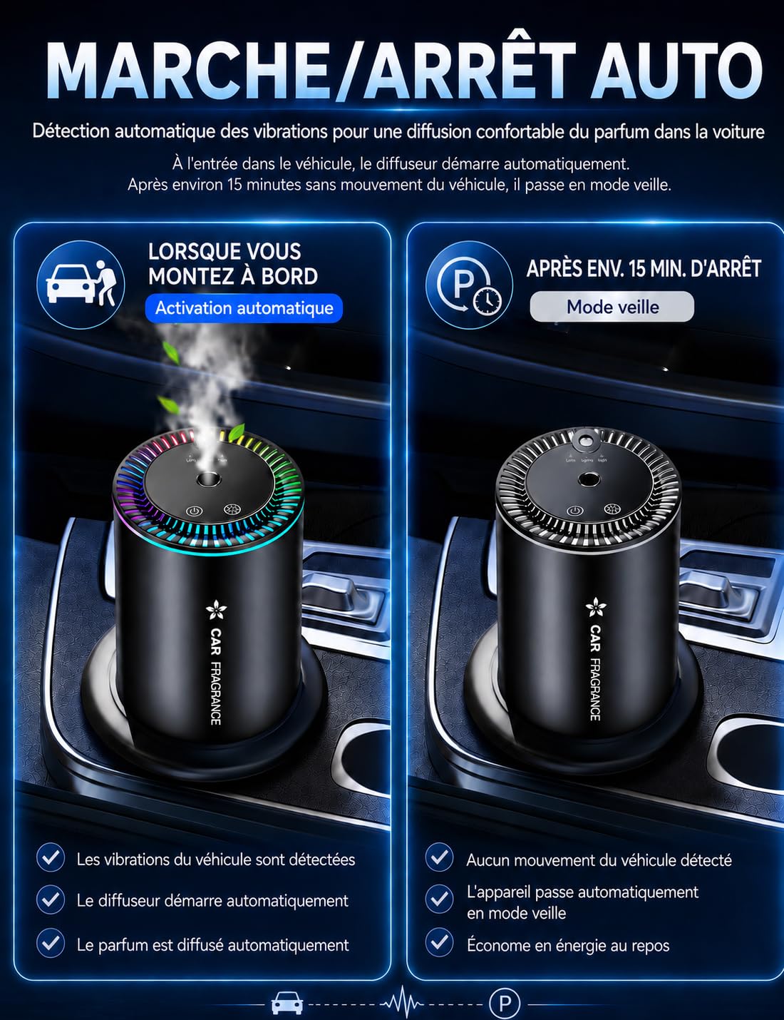 Diffuseur Voiture avec 50ml Parfum (Cologne), Sent Bon Diffuseur Électrique, On/Off Automatique, Atomiseur Ultrasonique, 3 Modes, Batterie Intégrée, Diffuseur d'Arômes pour Voiture Durée 5 Mois BJ-577