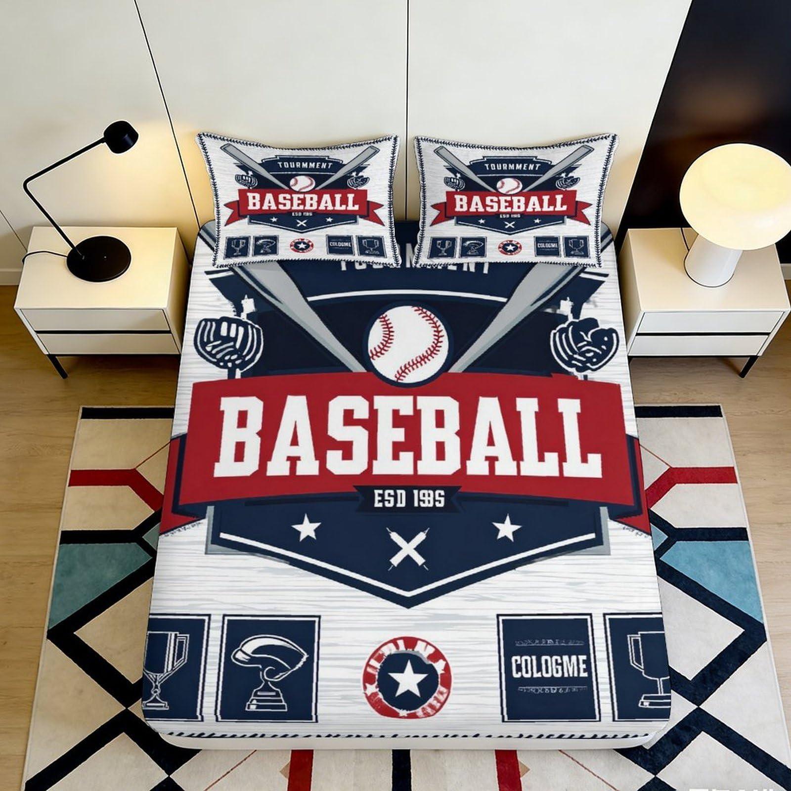 3D Printed Baseball Trophy Fitted Sheet Microfiber Soft Breathable Bat Glove Bed Cover for Bedroom Dorm Decor 90x200x25cm