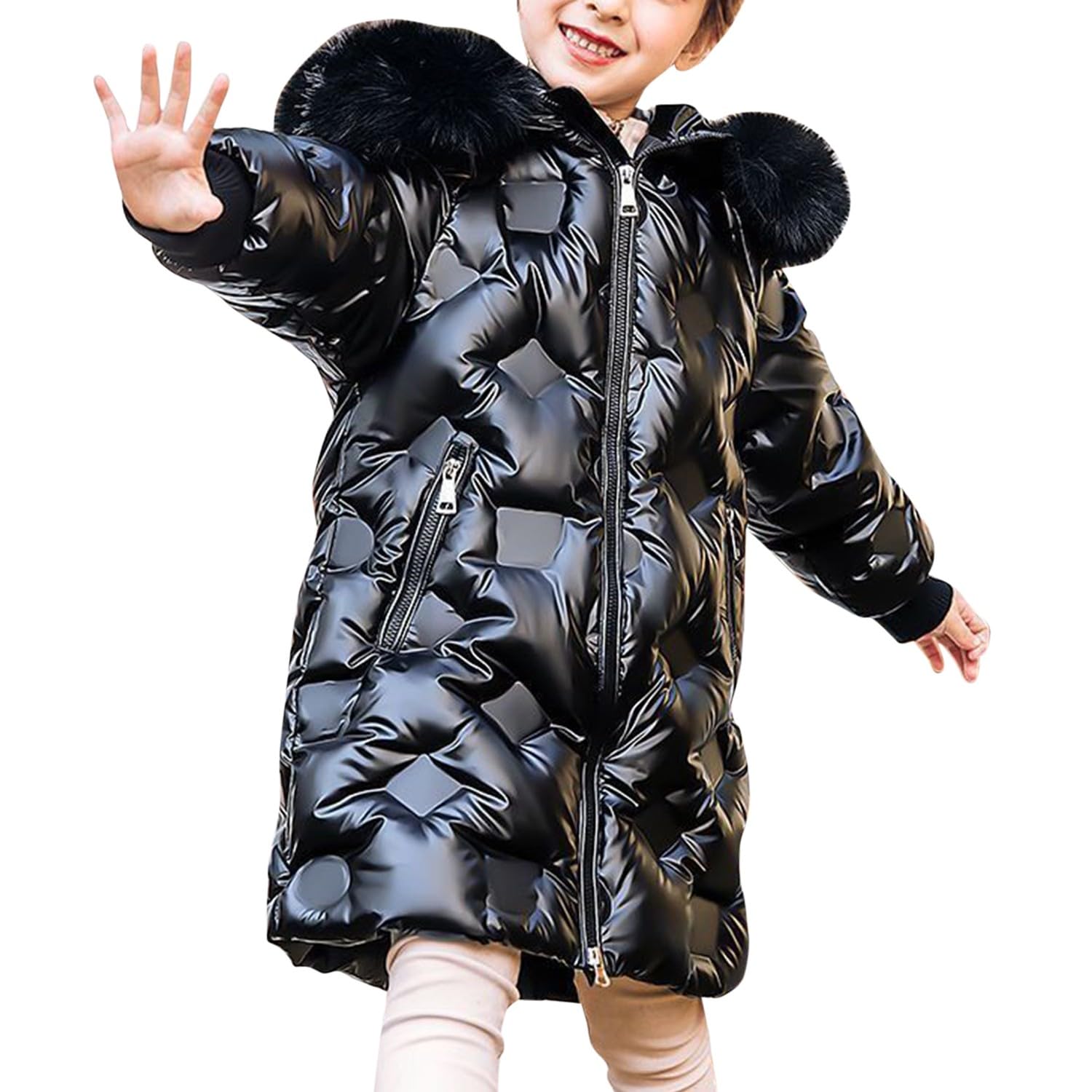 Runstarshow Girls Black Winter Coat For - Hooded Padded Jacket With Removable Fluffy Faux Fur Collar, Shiny Ski Jacket, Warm Outerwear With Pockets For Ages 6-14 Years