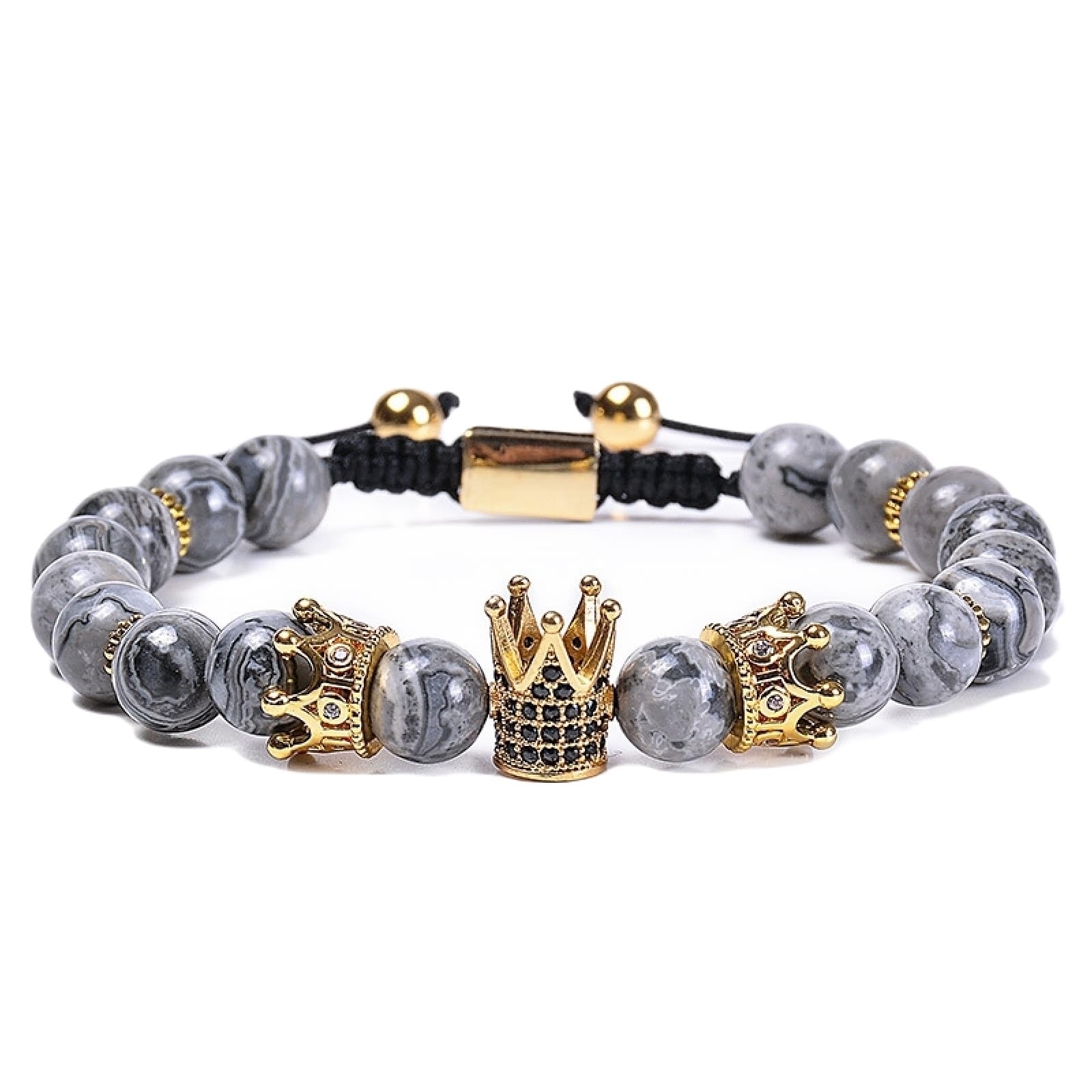 Wycian Armband für Frauen, Zirkonia Armband Herren Perlen Achat Kristall Grau Metalllegierung Elastische Natursteinperlen mit Krone 18cmx8mm Naturstein
