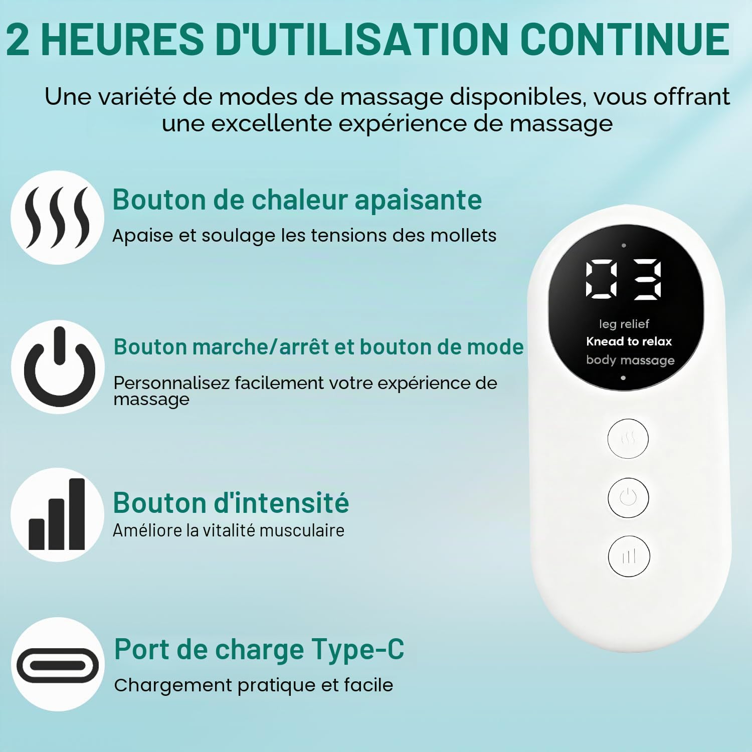 Masseur Jambes Sans Fil avec Chaleur et Compression Masseur de Mollets avec 3 Modes 3 Intensités Appareil de Massage pour Circulation Sanguine Drainage Lymphatique Relaxation Musculaire (1 Pièce)