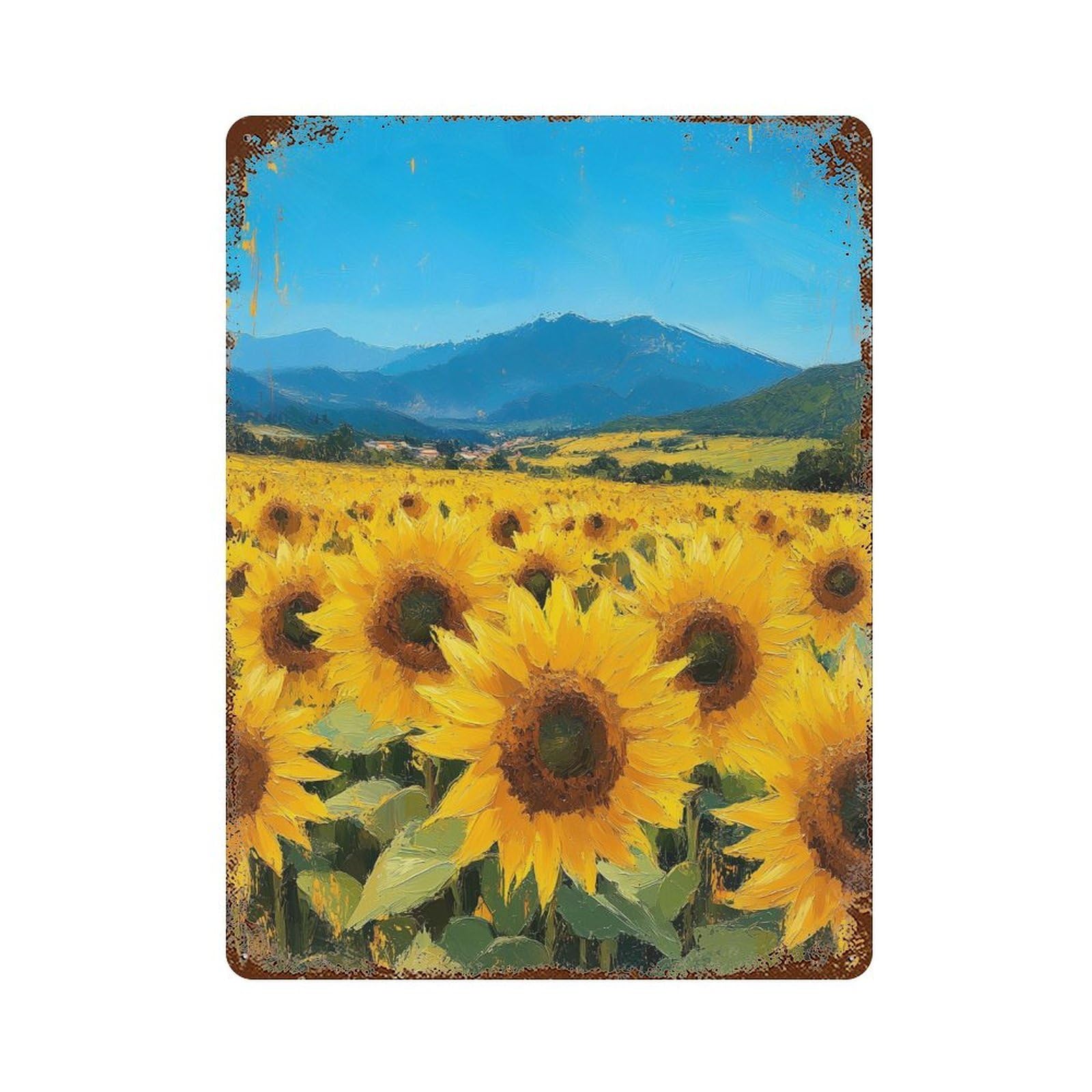 Garage Style Sunflower Field Painting-7 Distressed Metal Wall Sign 15.7"x11.8", Rustic Home Decor for Bar And Workshop