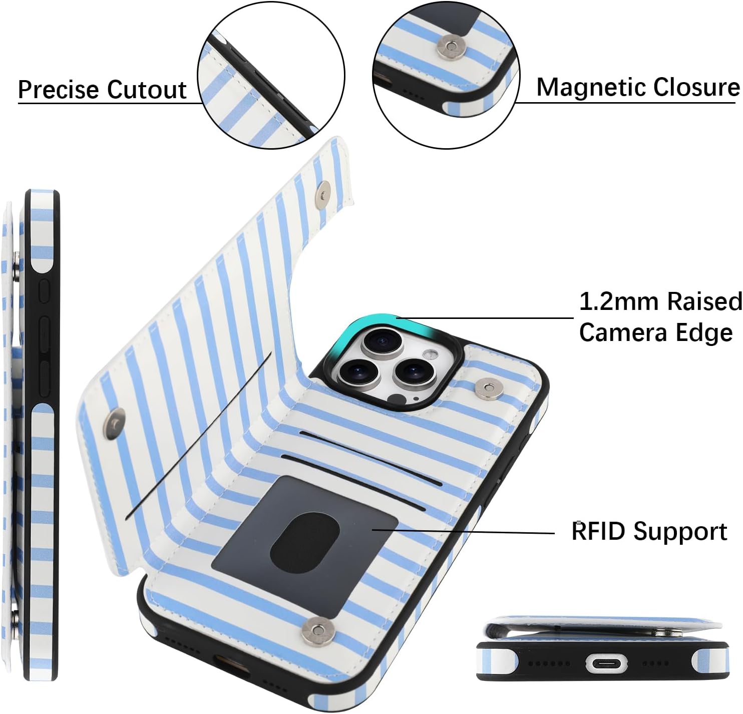 OOK for iPhone 16 Pro Max Case Wallet with Card Holder, Cute Blue Horizontal Stripes Pattern for Women Girls RFID Blocking 3 Card Slots Kickstand Flip Folio Leather Protective Shockproof Phone Case - Image 3