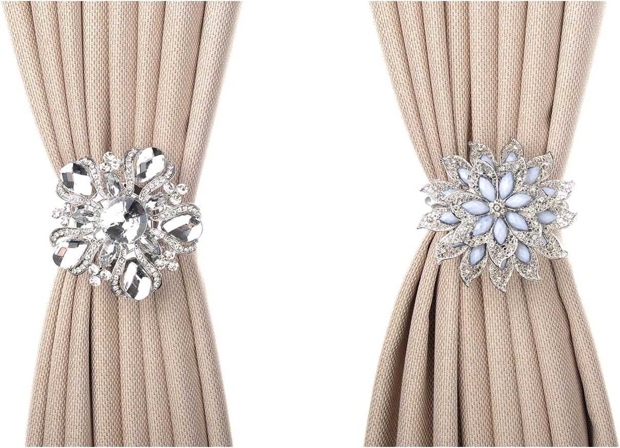 SUQ I OME Luxury Big Crystal Magnetic Curtain Tieback Flower Curtain Clips Buckle with Stretchy Wire Rope for Home Office Decoration