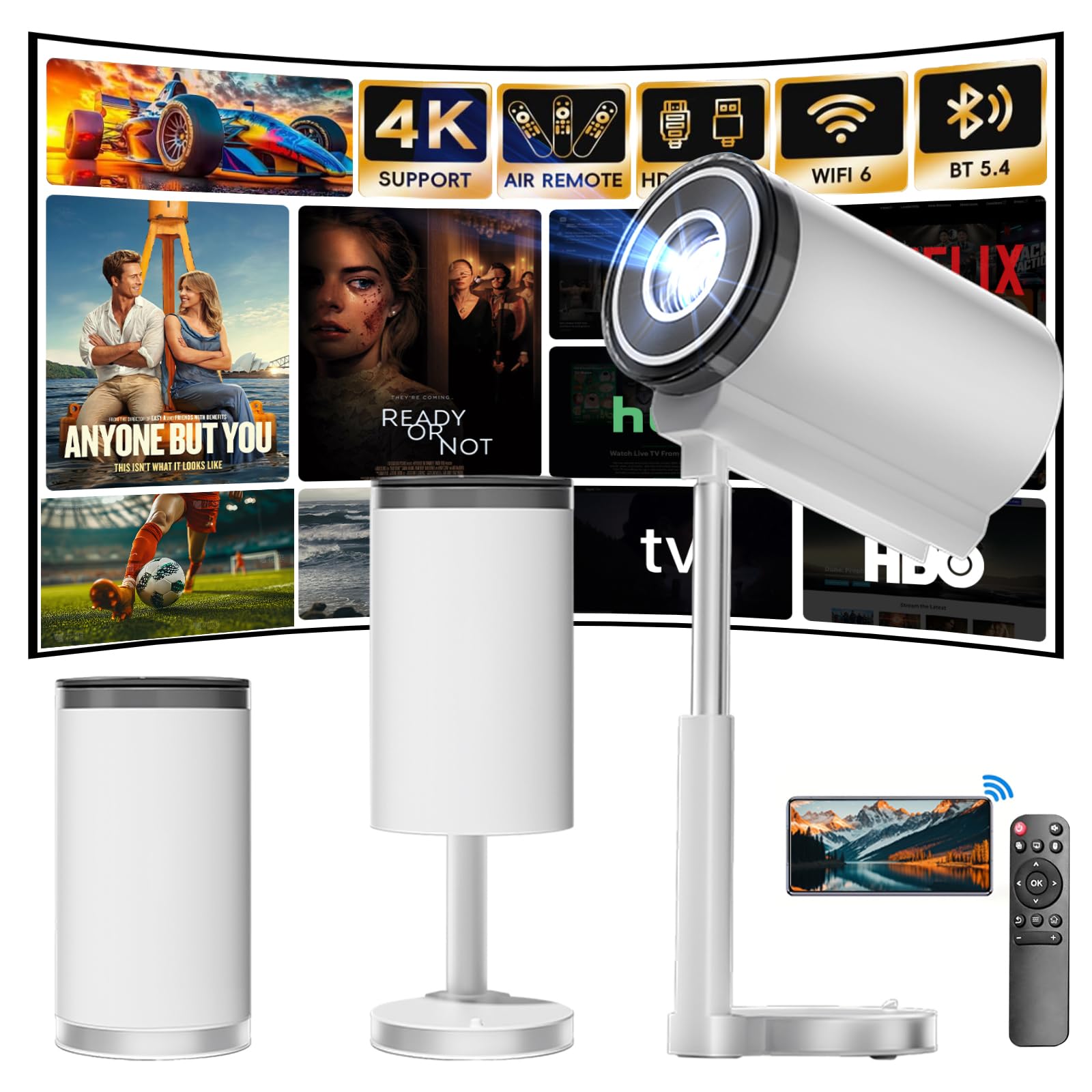 Vidéoprojecteur avec WiFi 6 et Bluetooth 5.4 Mini Projecteur Supporte 4K 1080P Rotation 90° Compatibile avec HDMI/USB/Laptop, Blanc, Trapézoïdale Horizontale Auto Correction