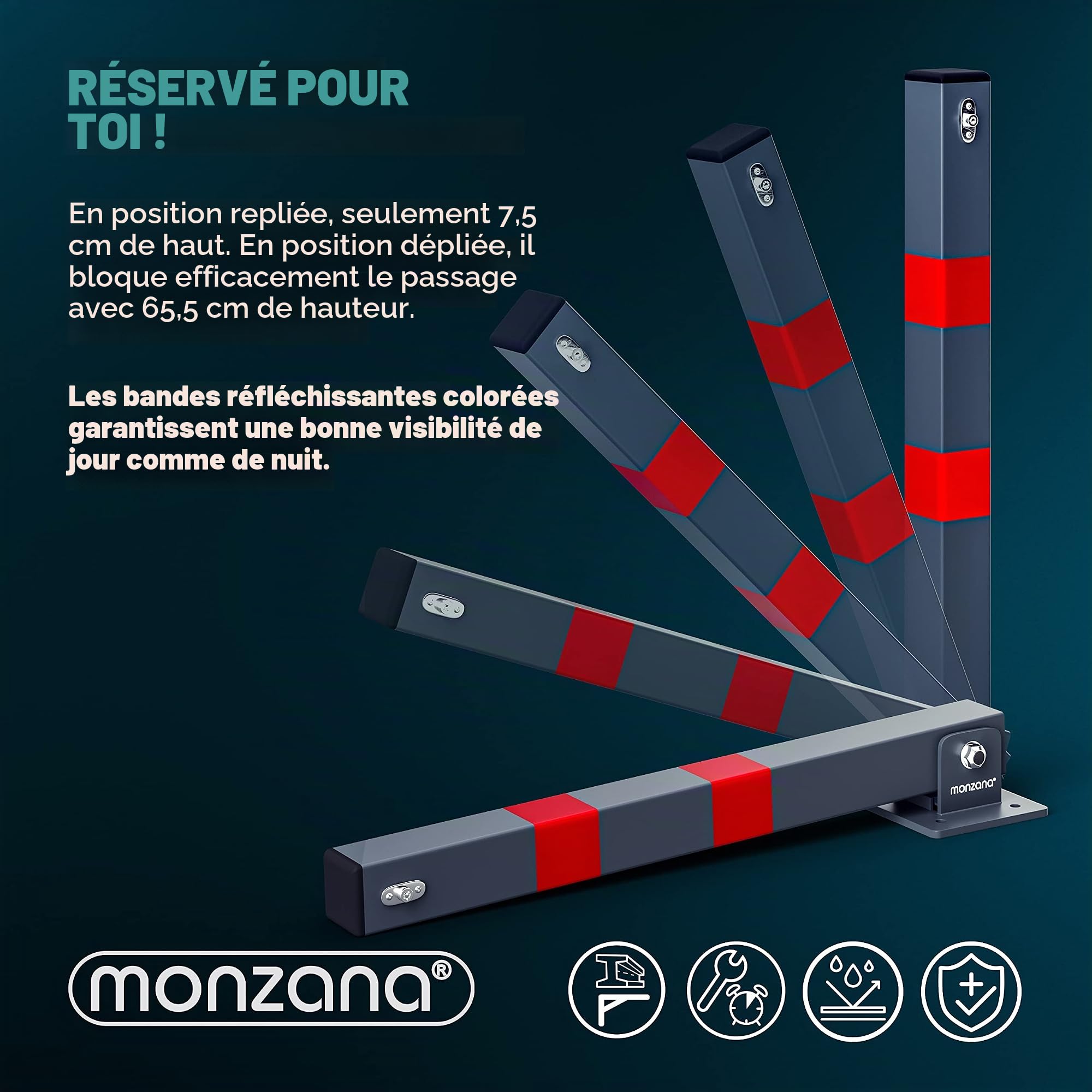 2x Poteau de stationnement barrière parking pliable 3 clés verrouillable acier accessoires bandes réfléchissantes borne