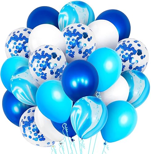 KatchOn, Shades of Blue - Juego de 50 globos de mármol azul para decoraciones de fiesta azul, globos de confeti azul, globos bajo el mar, globos de