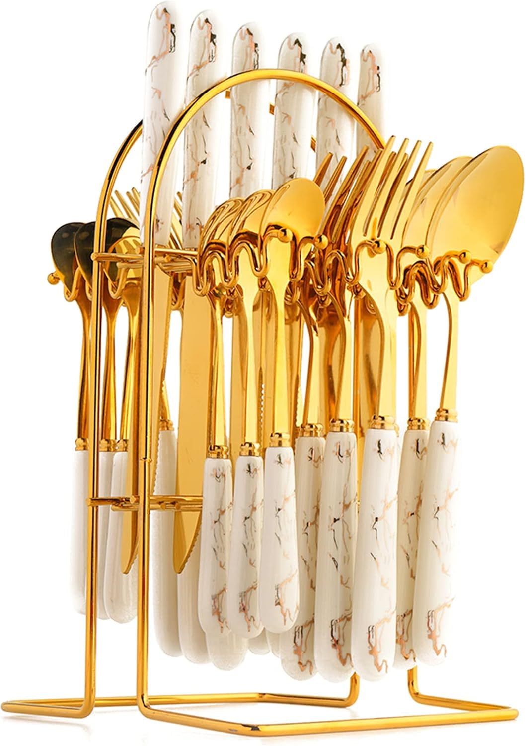 NIBEMINENT 24-Piece Stainless Steel Gold Cutlery Set for 6 Gold Silverware Set with Stand, Flatware Kitchen Utensils Spoon and Fork Set Dinnerware Tableware Set for House Dining Table Restaurant