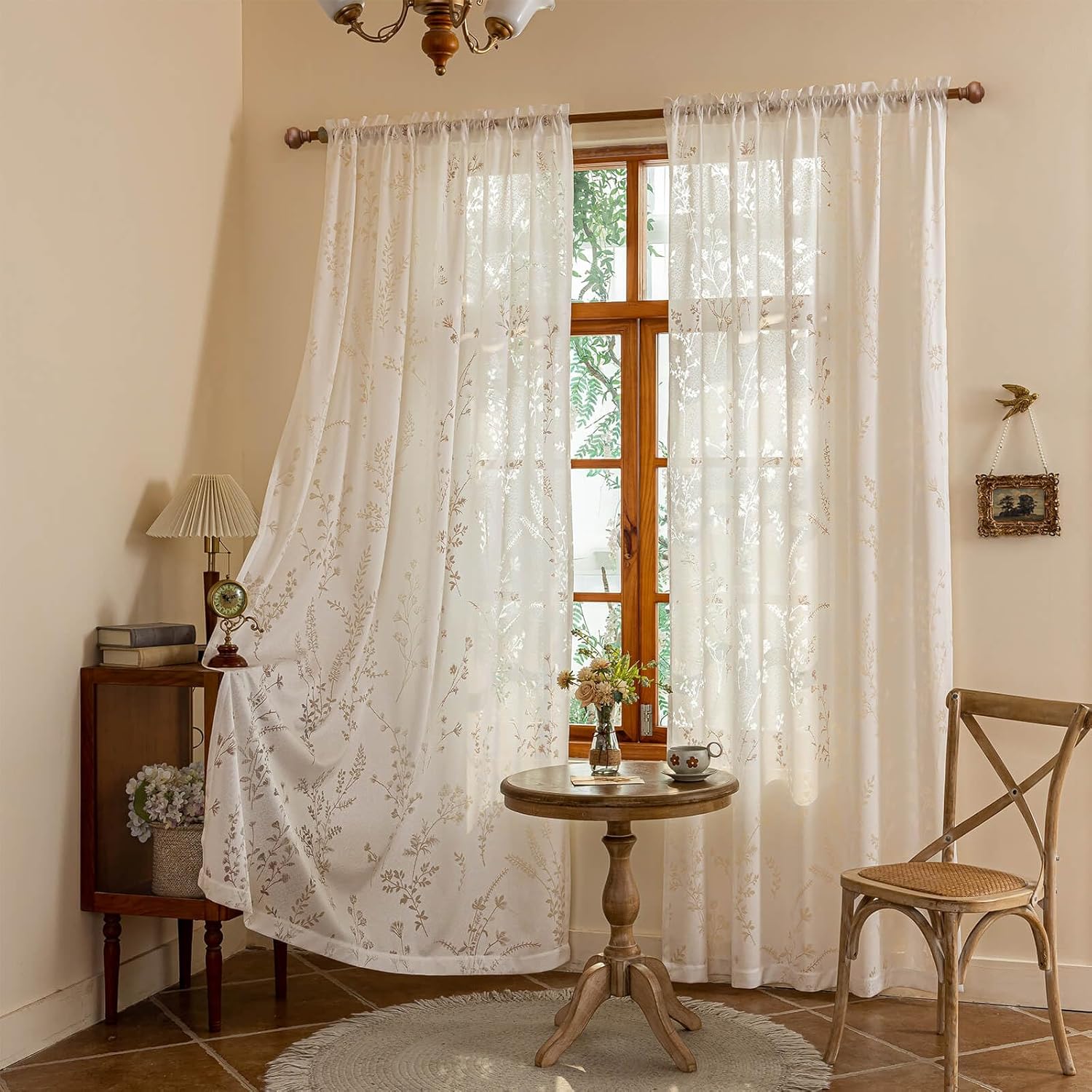 WUBODTI Beige Boho Floral Semi Sheer Curtains for Bedroom Kids Room 63 Inch Length 2 Panel Sets, Rod Pocket Light Filtering Privacy Leaf Patterned Curtain Vintage Home Decor Drapes for Small Windows