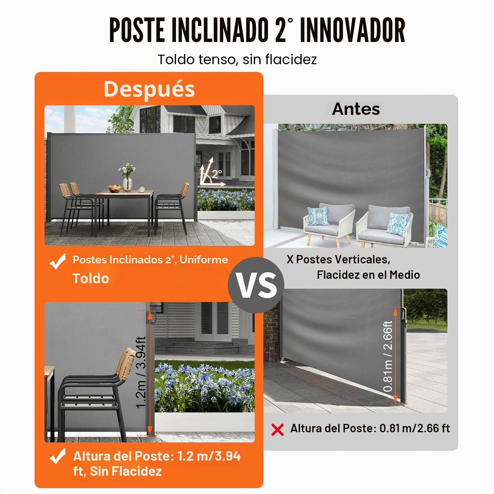 VEVOR Toldo Lateral Retráctil Pantalla de Privacidad al Aire Libre 200x300 cm Toldo Lateral contra Viento Impermeable de Poliéster Divisor de Habitación UV 30+ para Patio, Jardín, Balcón, Gris