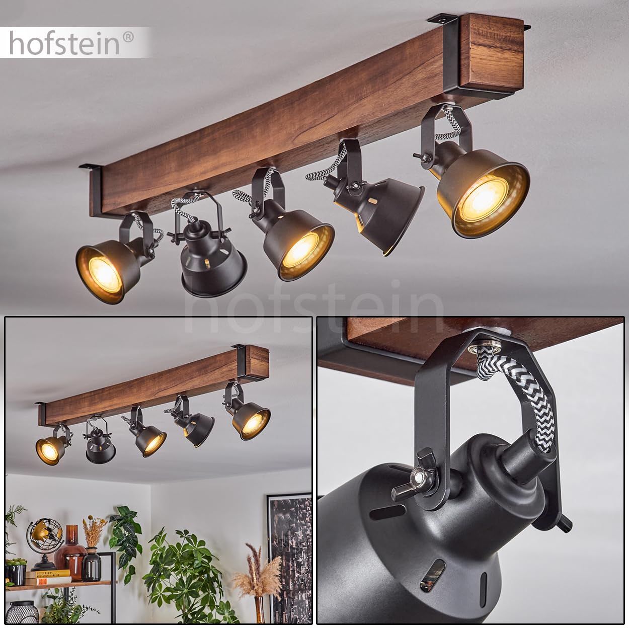 HOFSTEIN Deckenleuchte Safari, verstellbare Deckenlampe aus Metall/Holz in Schwarz/Natur, Leuchte im Industrial/Retro/Vintage-Design, Holzbalken, 5 x GU10, Wohnzimmer, Esszimmer, Schlafzimmer, Küche
