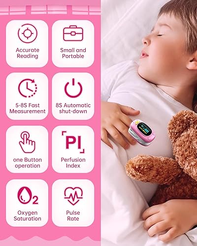 Miniatura 6 de Oxímetro de pulso infantil, monitor de oxígeno para niños, monitor de frecuencia cardíaca saturación de oxígeno en sangre, con apagado automático,
