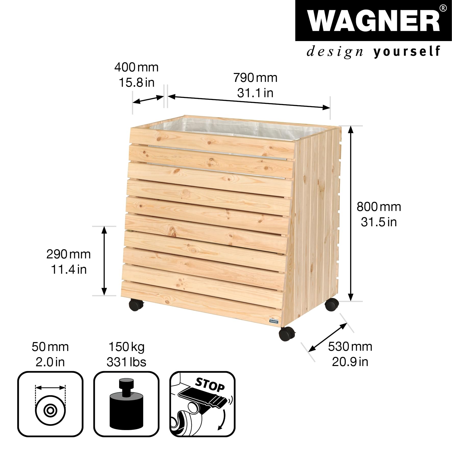 WAGNER GreenFAMILY - Huerto Urbano móvil - GreenBOX - XL - Madera Blanda Maciza, FSC®, Natural, 79 x 80 x 53/43 cm, 4 Ruedas, 2 Frenos, Tapa de Almacenamiento, Incl. Bolsa para Plantas - 25013101