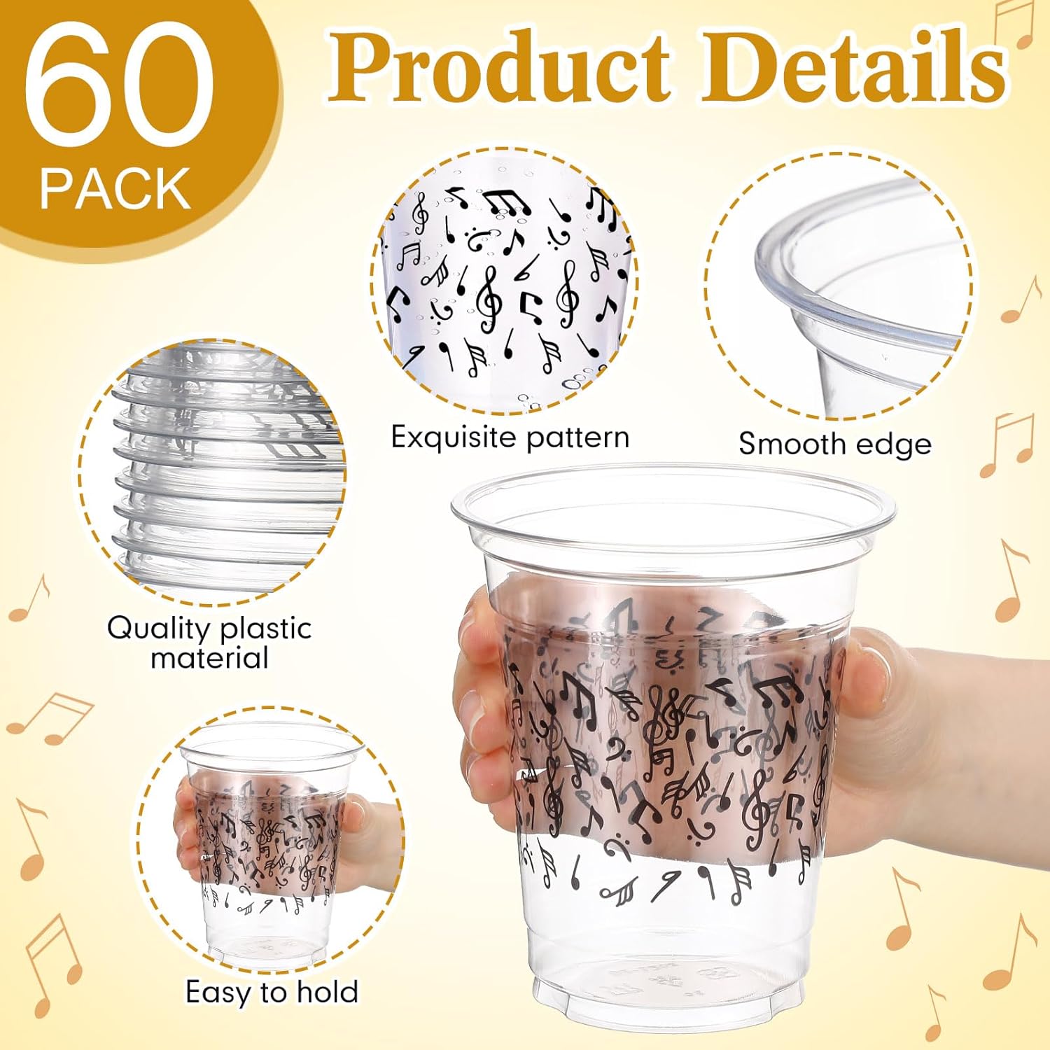 Funnymoom 60 Pack Music Notes Cup 12 oz Disposable Clear Plastic Musical Cups for Men Women Music Birthday Party Decorations Favors Wedding Anniversary