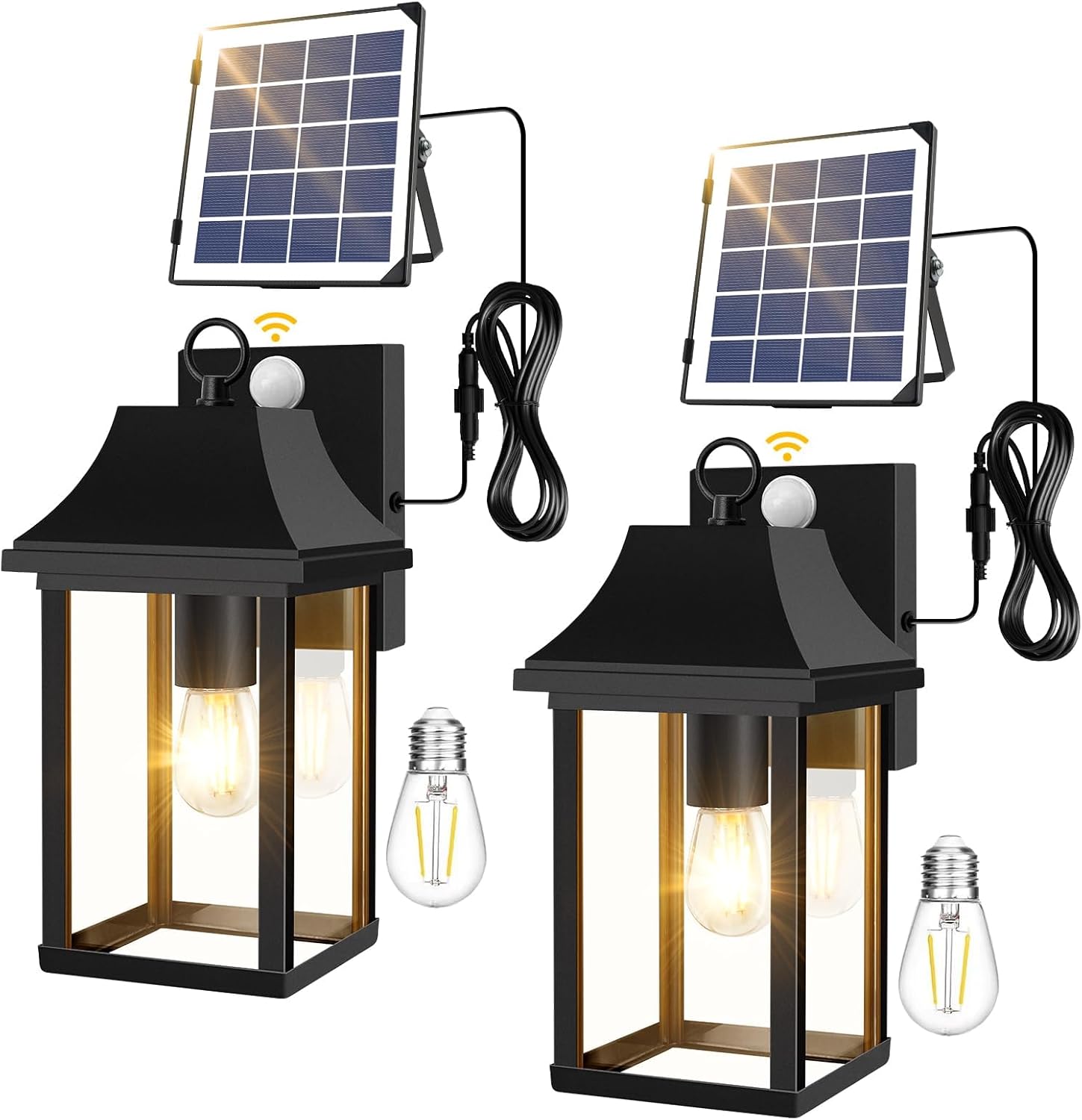OKELI Solar Porch Lights Outdoor Dusk to Dawn Motion Sensor :Solar Light with Separate Panel & Battery Replaceable Exterior Waterproof Wall Sconce Lighting Lamp (Black A, 2 Pack)