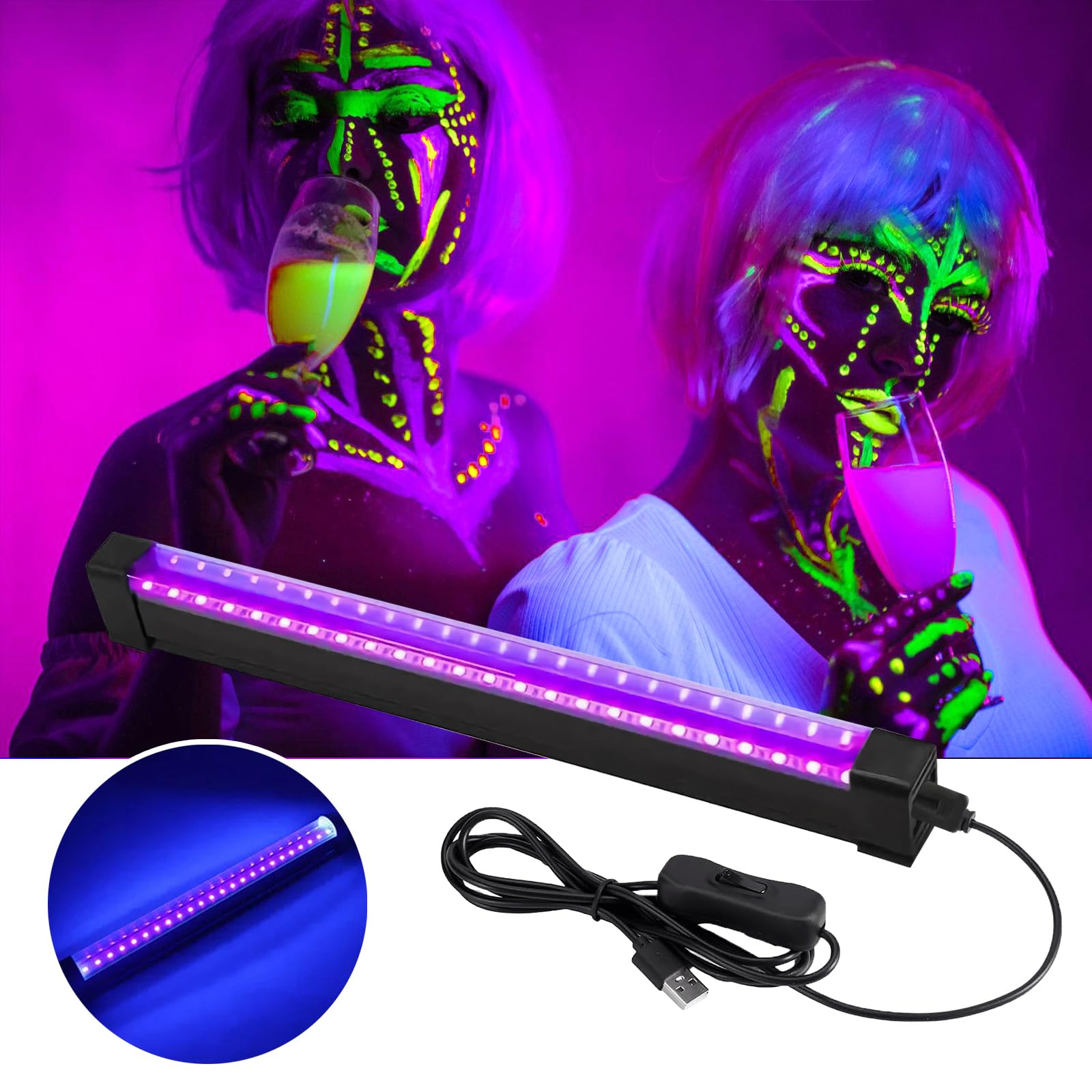 BORDEAG 2 Piezas Luz Negra LED, Tubo de Luz Negra, Barra de Luz Negra UV, 10W, para Bar Decoración de Halloween Navidad Resplandor de Neón