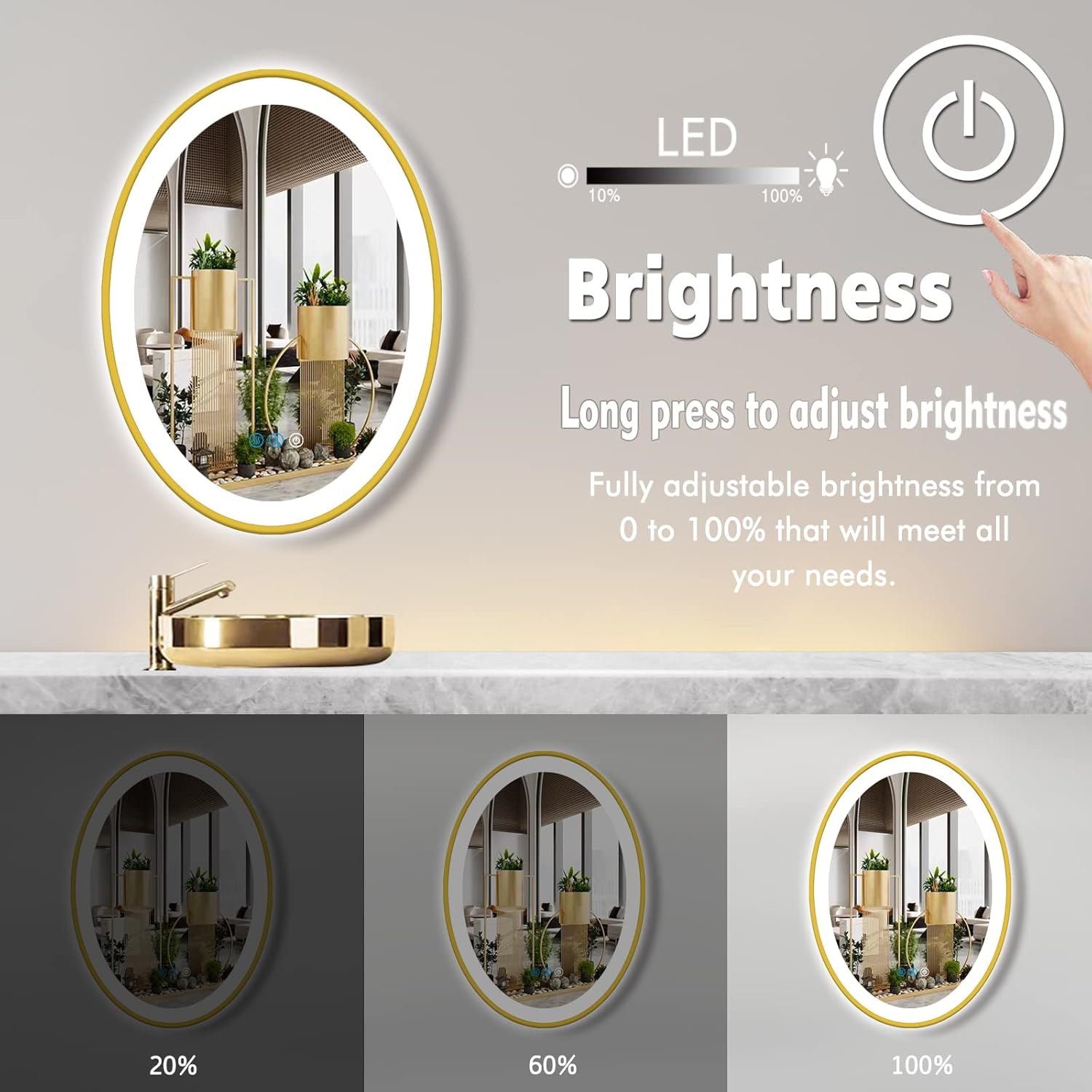 30 x 20 Inch Oval LED Bathroom Mirror, Gold Frame, 3 Color Front Lights, Anti-Fog, Wall Mount
