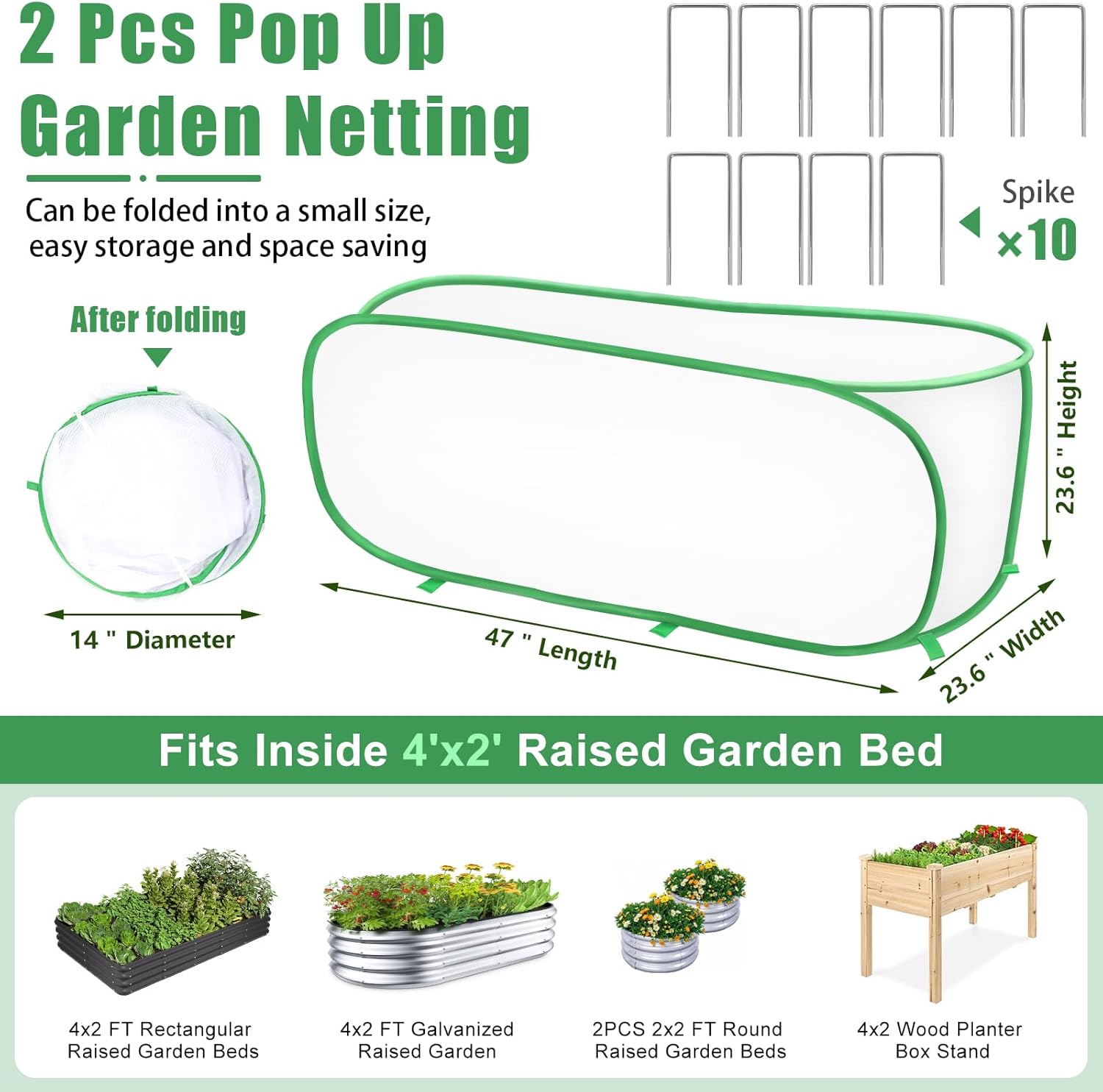 2PCS Garden Netting Covers for Raised Beds, 3.9 X 2FT Garden Raised Bed Cover with 10 Stakes, Plant Netting for Garden Protection, Insect Bird Pest Barrier for Vegetables Fruits Flowers Crops