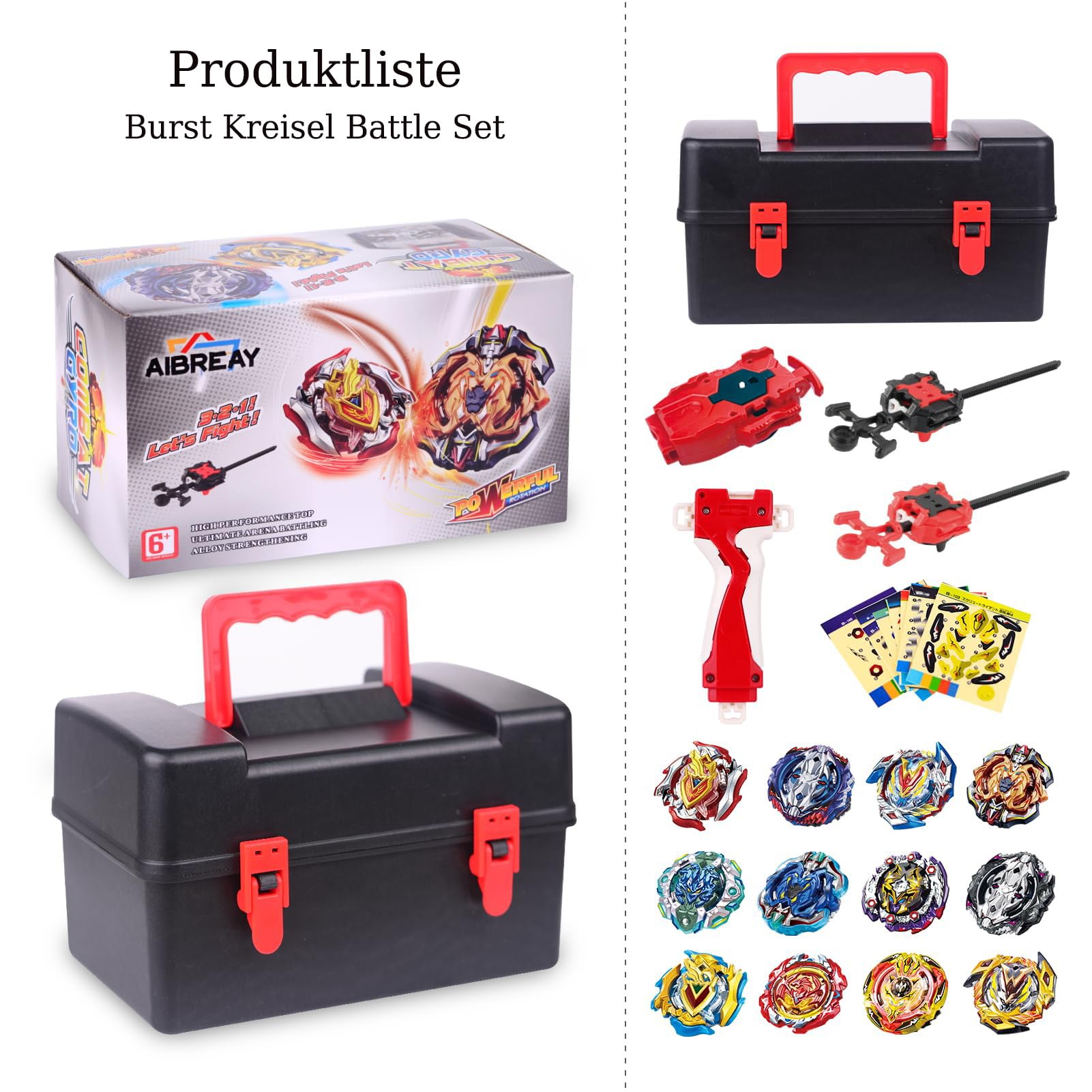 AIBREAY Burst Kreisel Battle Set, 12 Kampfkreisel 2 Launchers 1 Schnur Starter mit Griff, Spinning Top Box, Battle Burst mit Kreisel Kinder, ab 6 Jahren, Spielzeug Jungen