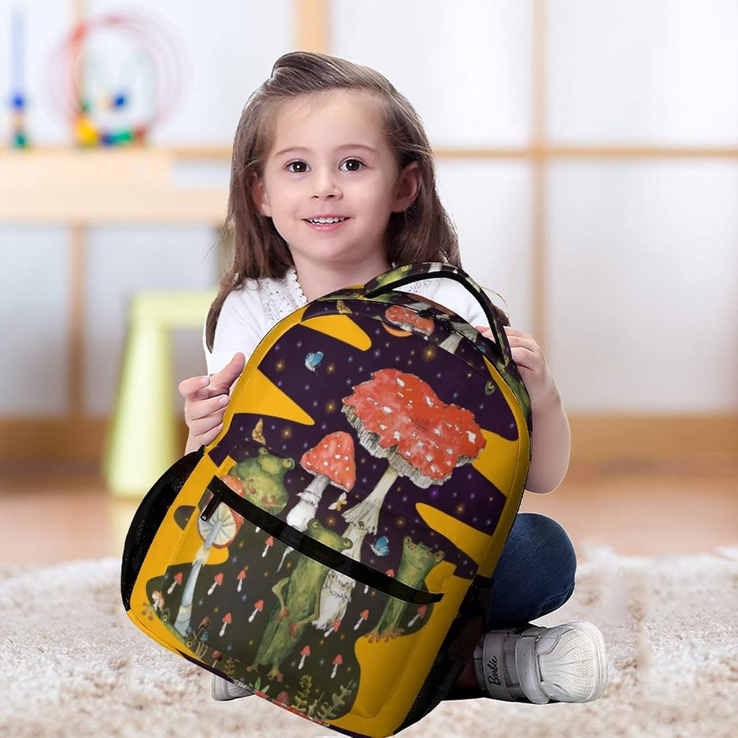 Frog Backpack Gifts for Kids Boys Girls Mushrooms Frogs Polyester School Bag Travel Stylish Laptop Bookbag