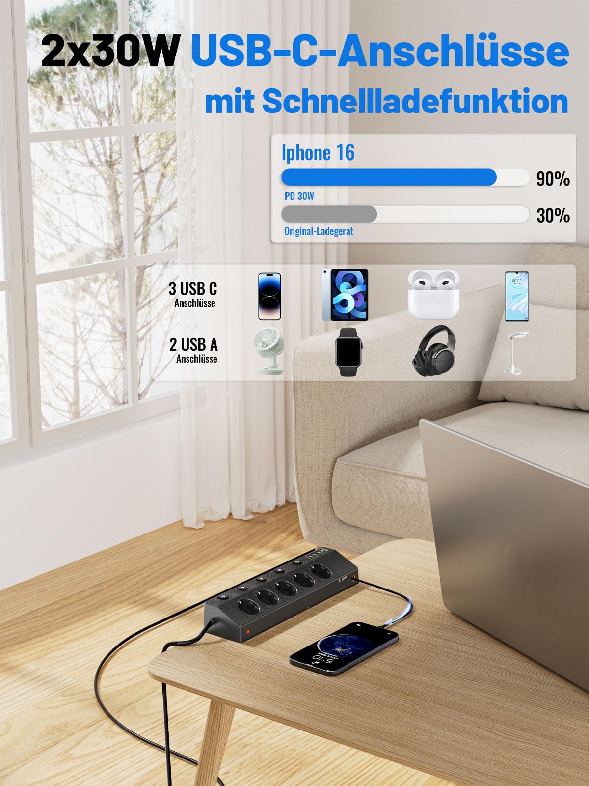 Regletas Enchufes Proteccion Sobretension 5 Tomas con USB C 30W, Torre Regleta Vertical con Interruptor Independiente, Torre Multiple 4000W para Mesa, Oficina, Casa (Alargador Enchufe 3 M, Negro)