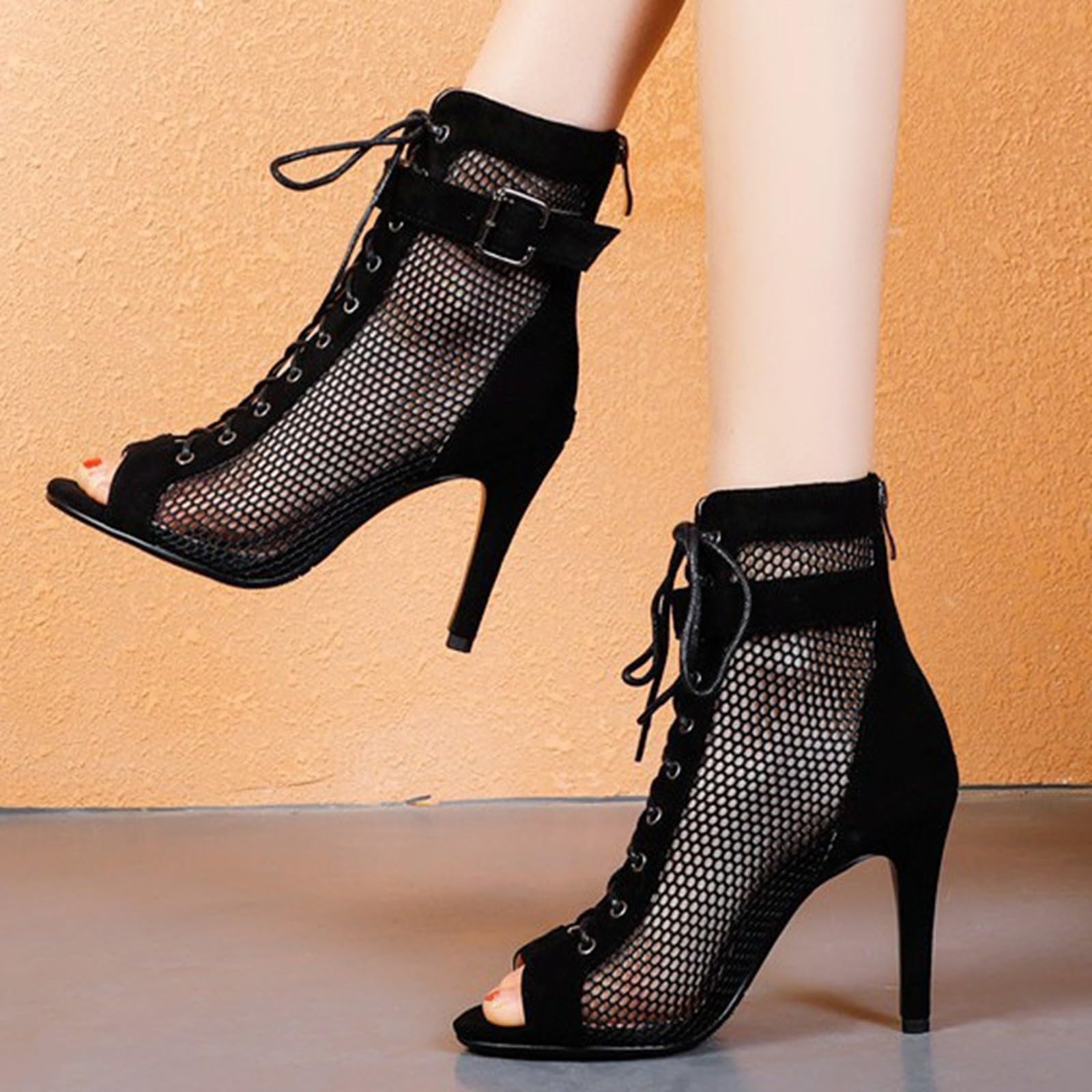 Générique Chaussures de Danse Femme Latine Talons Bout Ouvert Lacets Salle de Bal Salsa Bachata Danse Bottines Talon 7 cm