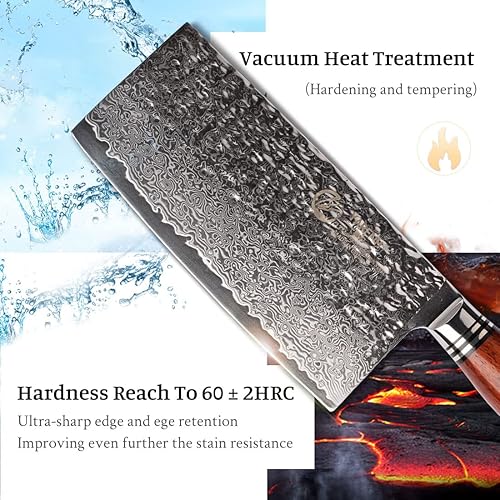 Miniatura 4 de YARENH Cuchillo chino de 7 pulgadas, 73 capas de acero inoxidable de alto carbono de Damasco, espiga completa, mango de sándalo natural, caja