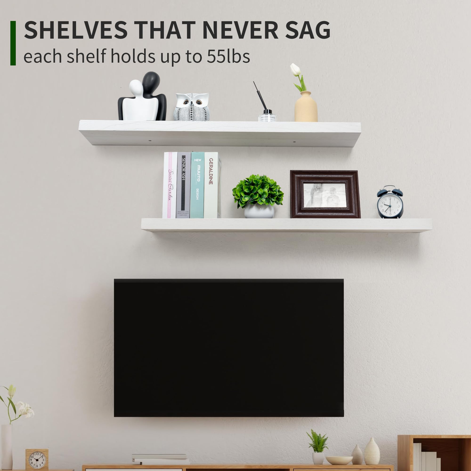 White Floating Shelves, 36 Inch Wall Shelf Set of 2, Rustic Wood