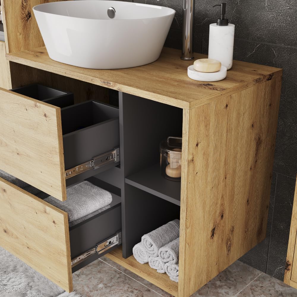 Vicco Mobiletto per lavabo Viola, Artigiano/grigio, 80 x 60 cm con 2 cassetti, con intaglio per sifone per installazione sospesa a parete