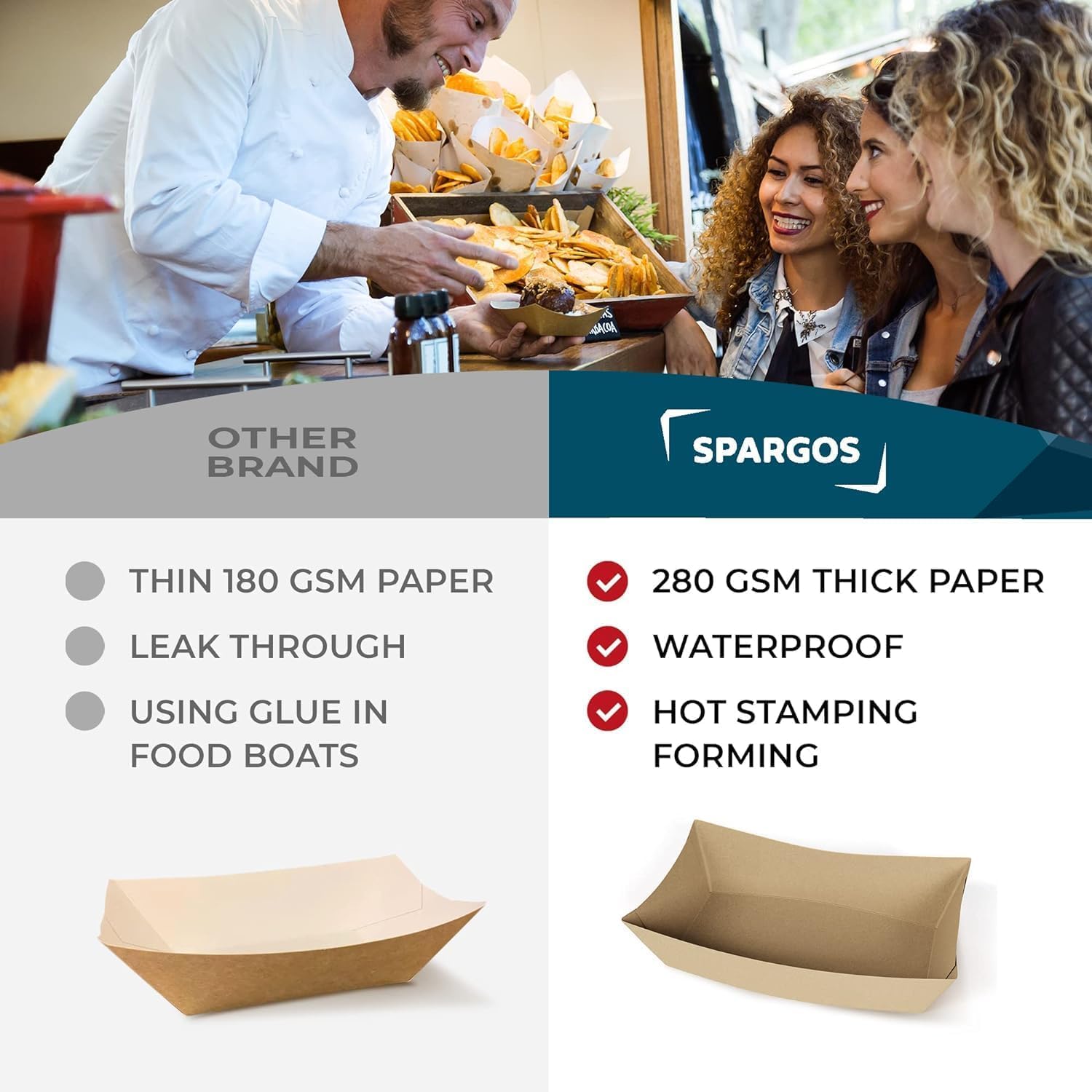 SPARGOS Bandejas de comida para fiestas 3LB marrón (250 uds) - Bandejas para hot dog a prueba de fugas y seguras para congelador - Cajas desechables de cartón para servir nachos, papas, cine.