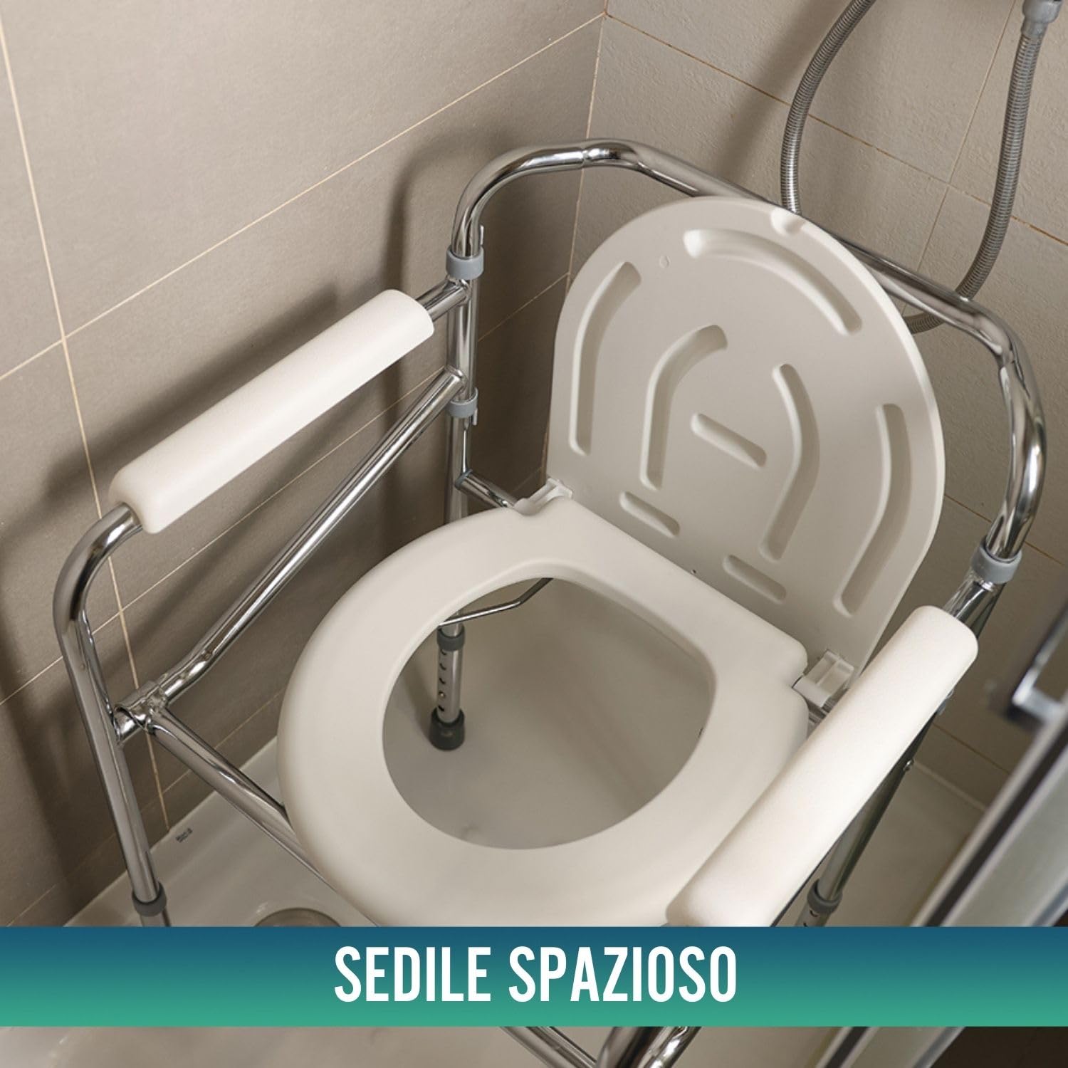 OrtoPrime Sedia WC per Anziani - Sedia Comoda con WC Multifunzionale, Pieghevole, Ideale per Disabili - Sedia Orinale Portatile con Bidet Acoplable - Sedia da Doccia e Bagno per Anziani.