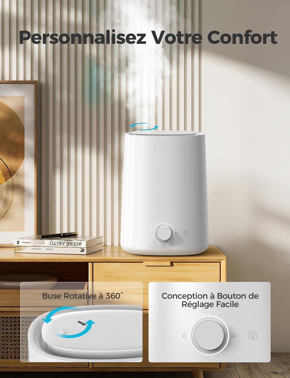 AROEVE Humidificateur d'air 5L à Remplissage par le Dessus,à Brumisateur Ultrasonique avec Diffuseur d'Huile Essentielle, Buse 360°, Veilleuse 28dB, Autonomie 50H, pour Chambre de Bébé, Plantes