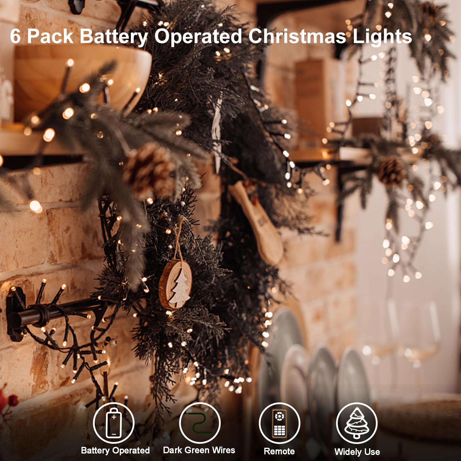 CCILAND Paquete de 6 tiras de luces de Navidad que funcionan con pilas, 5 m, 50 luces LED, cable verde oscuro con temporizador automático, dormitorio, árbol de Navidad, patio, decoración de festivales