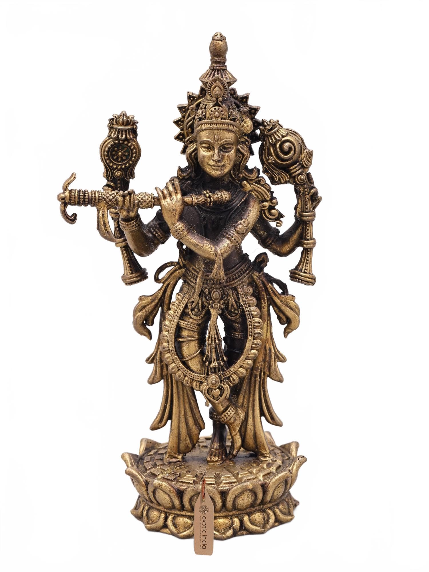 Exotic India Superfine Lord Krishna Panchadhatu Idol the Divine Flute Player Statue with Shankha and Chakra for Pooja and Home Décor