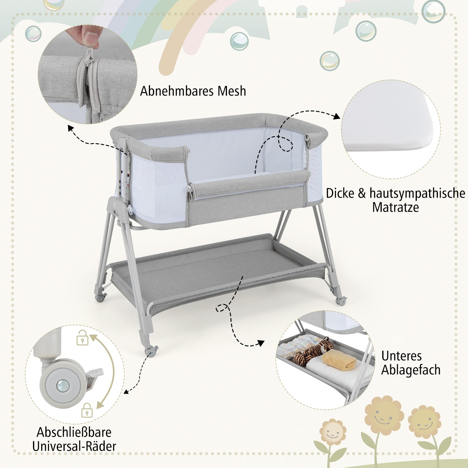 COSTWAY 2 in 1 Beistellbett & Stubenwagen klappbar, tragbare Babybett mit 7 verstellbaren Höhen & Matratze & Tragetasche & Gurte, verstellbare Reisebett für Neugeborene bis 6 Monate (Grau)