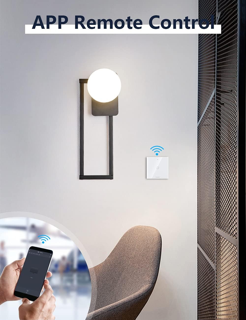 Smartphone controlling a light switch remotely via an app