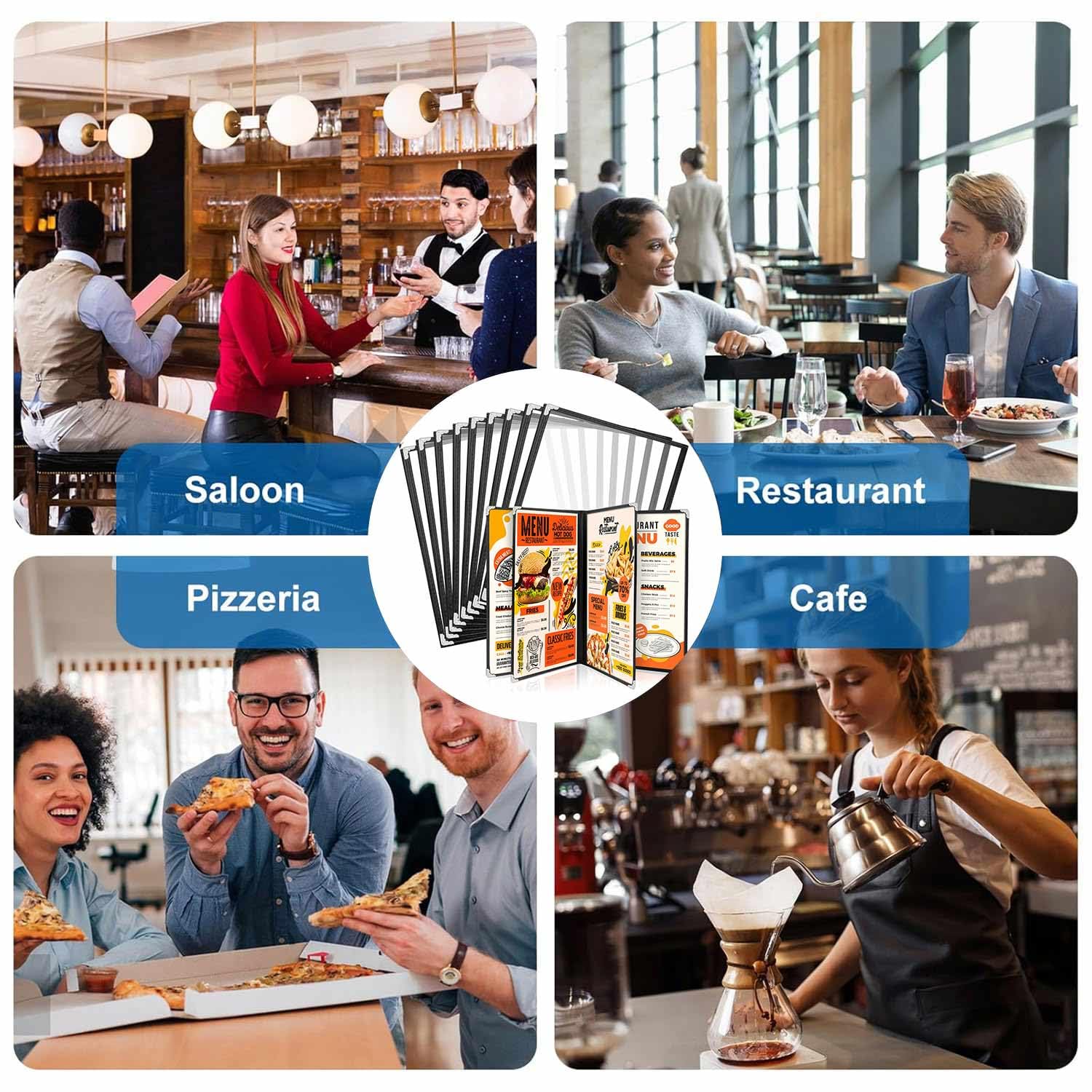 WenYa Fundas de menú A5 (paquete de 10), 4 páginas, 8 vistas, soportes para menús estilo cafetería, borde negro, cubierta transparente para menú de vino con protectores de esquina de metal, se adapta