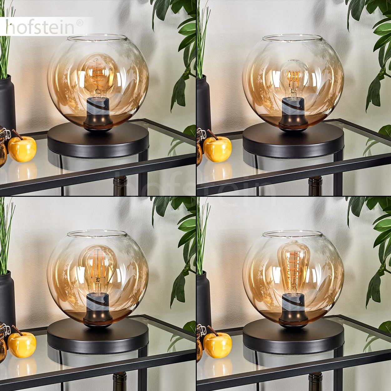 Tischleuchte Apedo, Tischlampe aus Metall/Glas in Schwarz/Bernstein/Klar, Leuchte im modernen Retro/Vintage-Design mit Schirm aus Glas (Ø 20 cm) u. An/-Auschalter am Kabel, 1 x E27, ohne Leuchtmittel