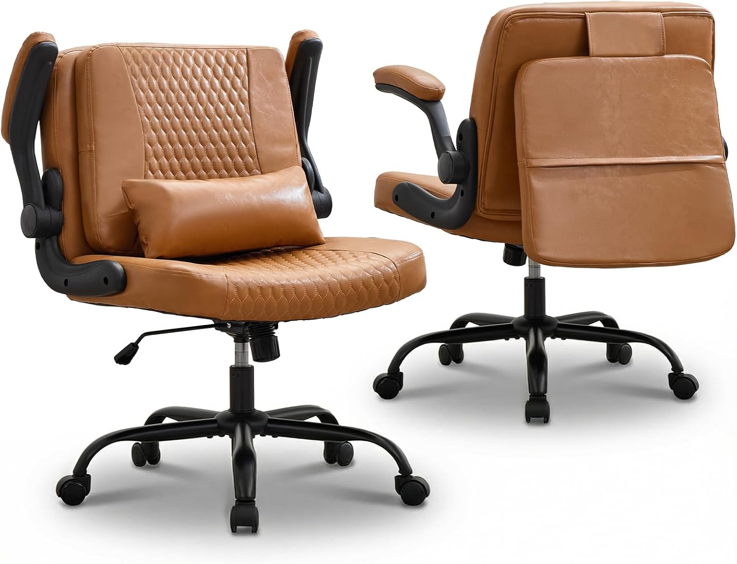 Oprisen Criss Cross Chair with Flip-Up Arms and Wheels, Moveable Back Cushion Wide Seat Office Desk Chair, Height Adjustable Swivel Cross Legged Chair for Home Office, Study, Vanity (Brown)