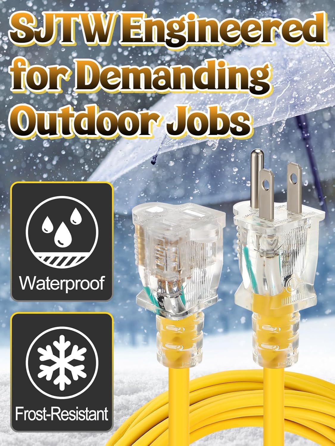 Lighted End Outdoor Extension Cord Waterproof -16AWG, 3 Prong, 13A, 1625W, Flexible Yellow Power Extension Cord for Outsides, 25ft