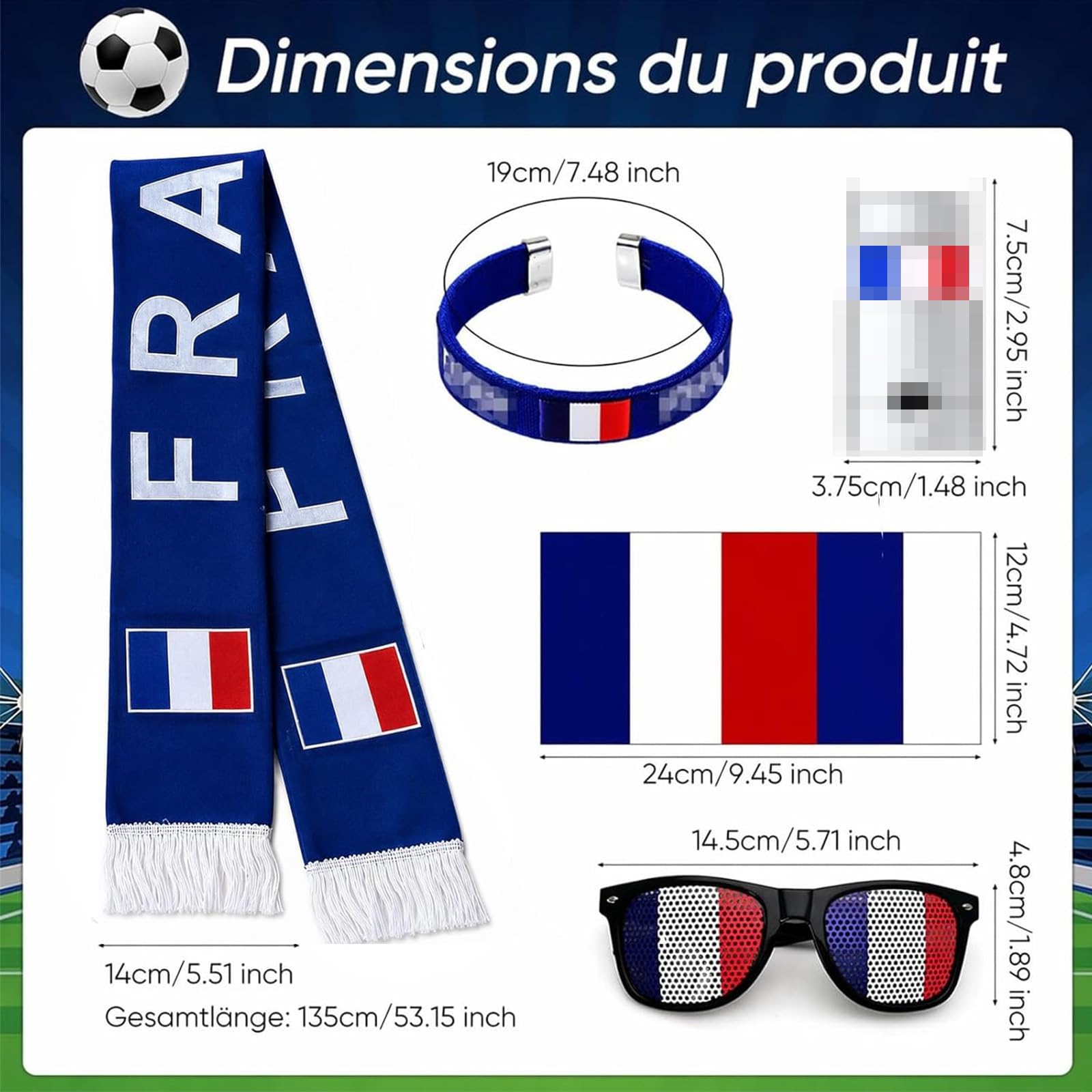 Kit Supporter France 5 Pièces Maillot Equipe de France Foot 2026, France Écharpe Bracelet Lunettes Bandeau et Plus, Accessoires Fan Coupe du Monde 2026, Kit Supporter pour Stade Fête