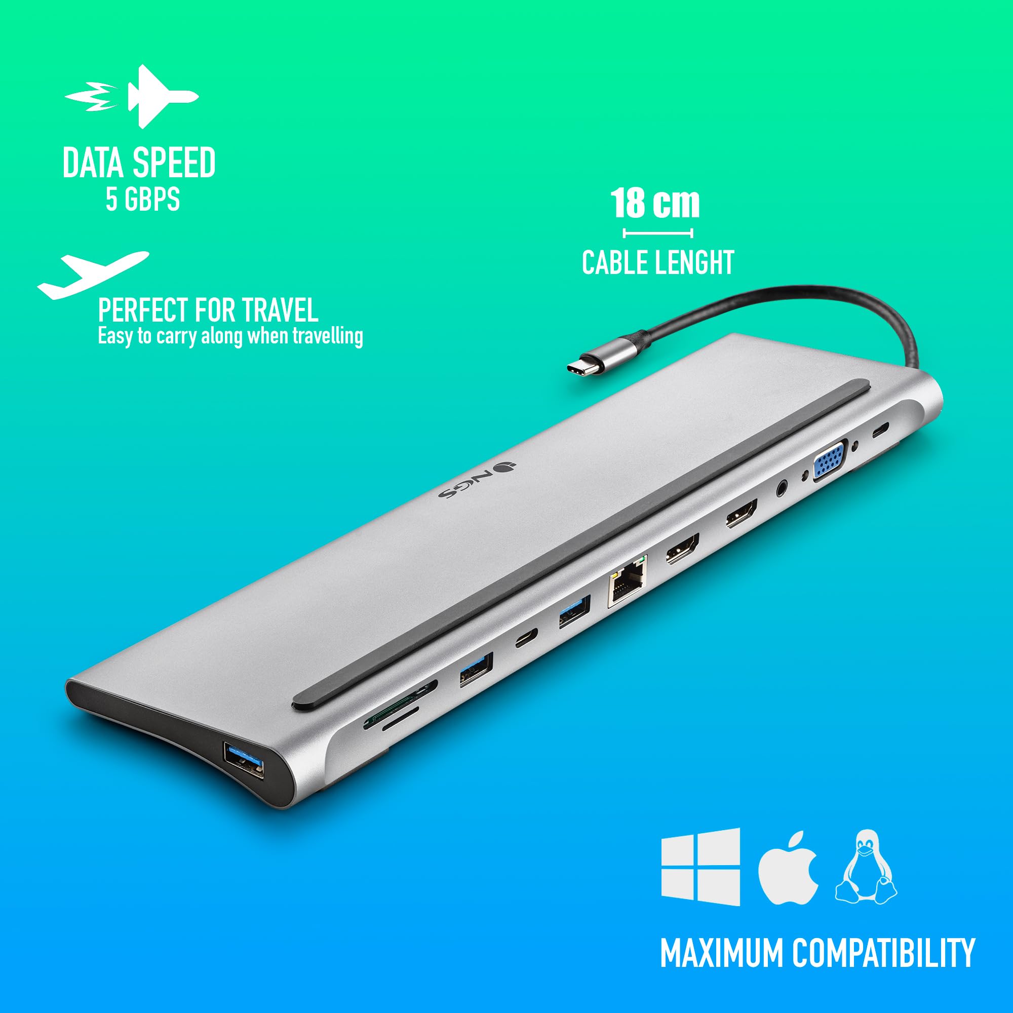 NGS Wonder Dock 12 Hub USB 3.0 typu C, wieloportowy 12 w 1, szybkie ładowanie, HDMI, VGA, RJ45, SD/TF, szeroka kompatybilność (laptopy, MacBook, telefony komórkowe), kompaktowy, 273 x 80 x 17 mm
