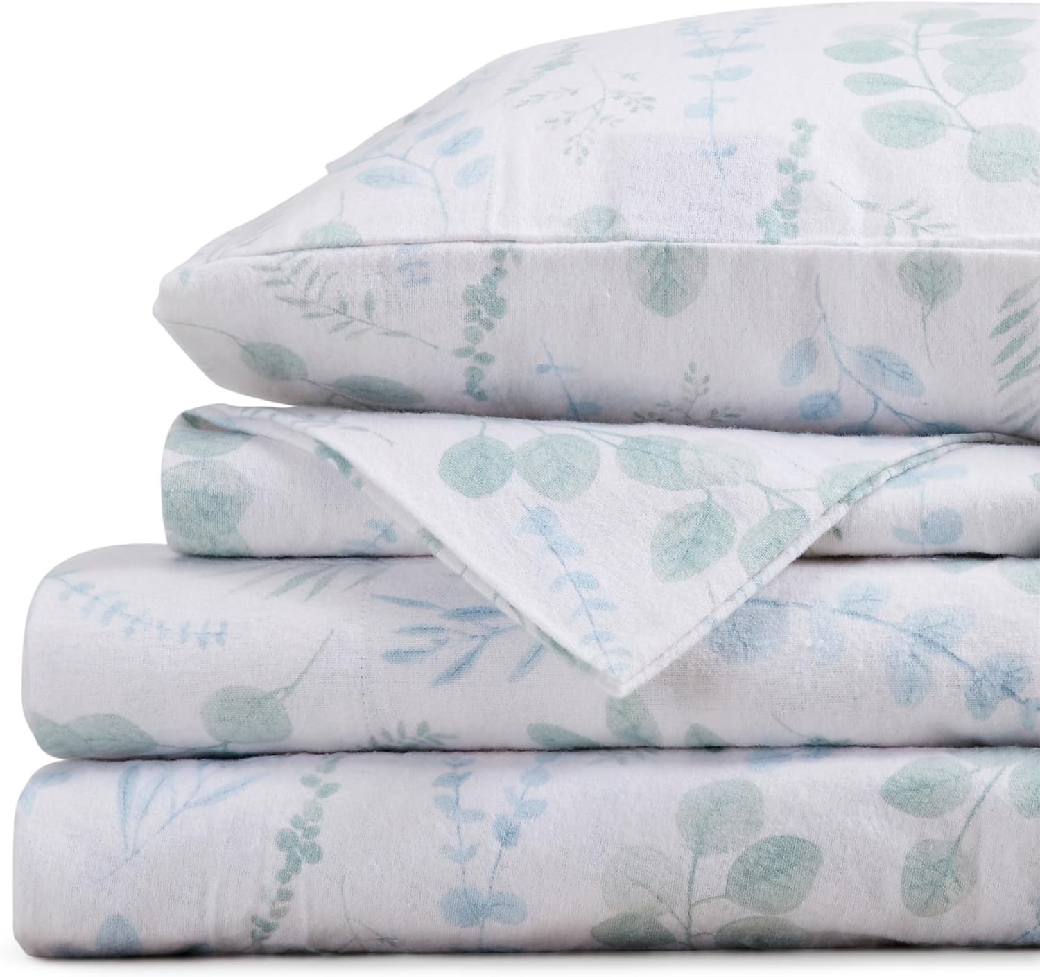 Market & Place 100% Cotton Queen Flannel Sheet Set | 4 Piece Deep Pocket Cozy Winter Floral Bed Sheets | Double Brushed for Extra Softness & Comfort | Alpine Collection (Queen, Eucalyptus Leaves)