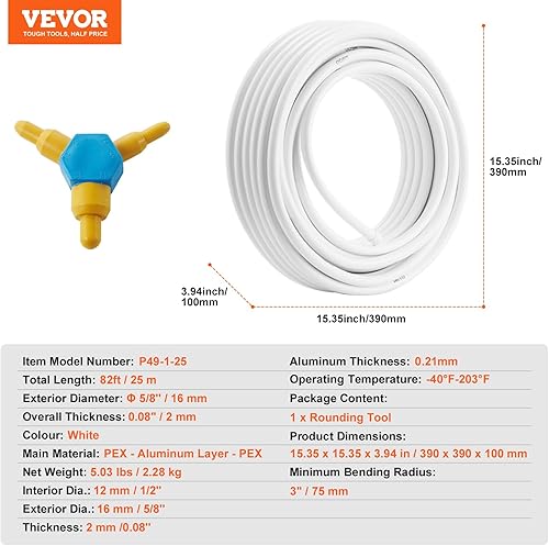 Miniatura 7 de VEVOR Tubo PEX-AL-PEX, tubo compuesto de aluminio y plástico de 82 pies, tubo compuesto de aluminio y plástico de 58 pulgadas de diámetro, tubo PEX