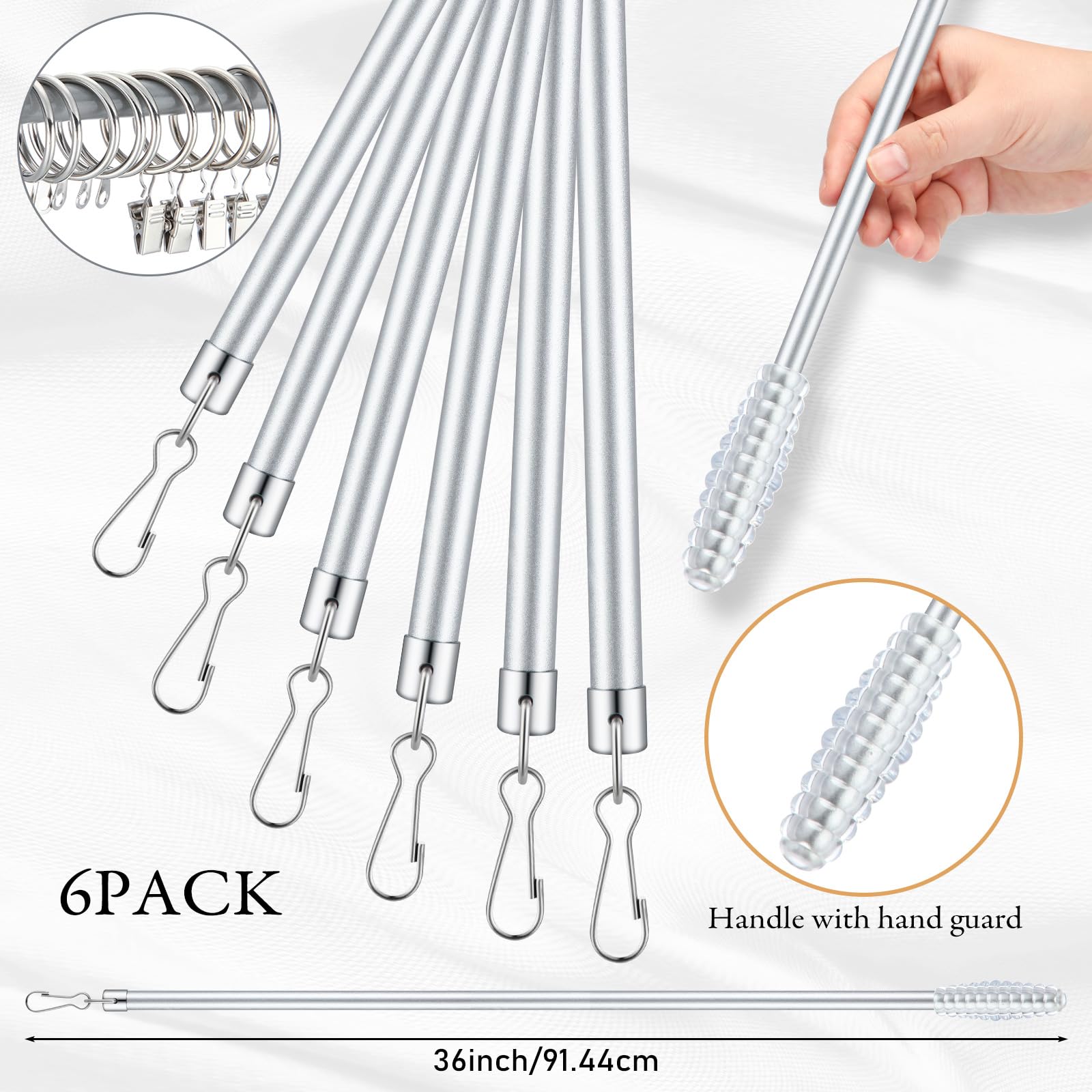 Shimeyao 6 Pack Curtain Pull Wand Stainless Steel Iron Drapery Pull Rod Versatile Metal Drapery Wand with 5 Rings and 5 Hooks for Opening Closing Curtains Homes Offices Window(Silver,36 Inch)