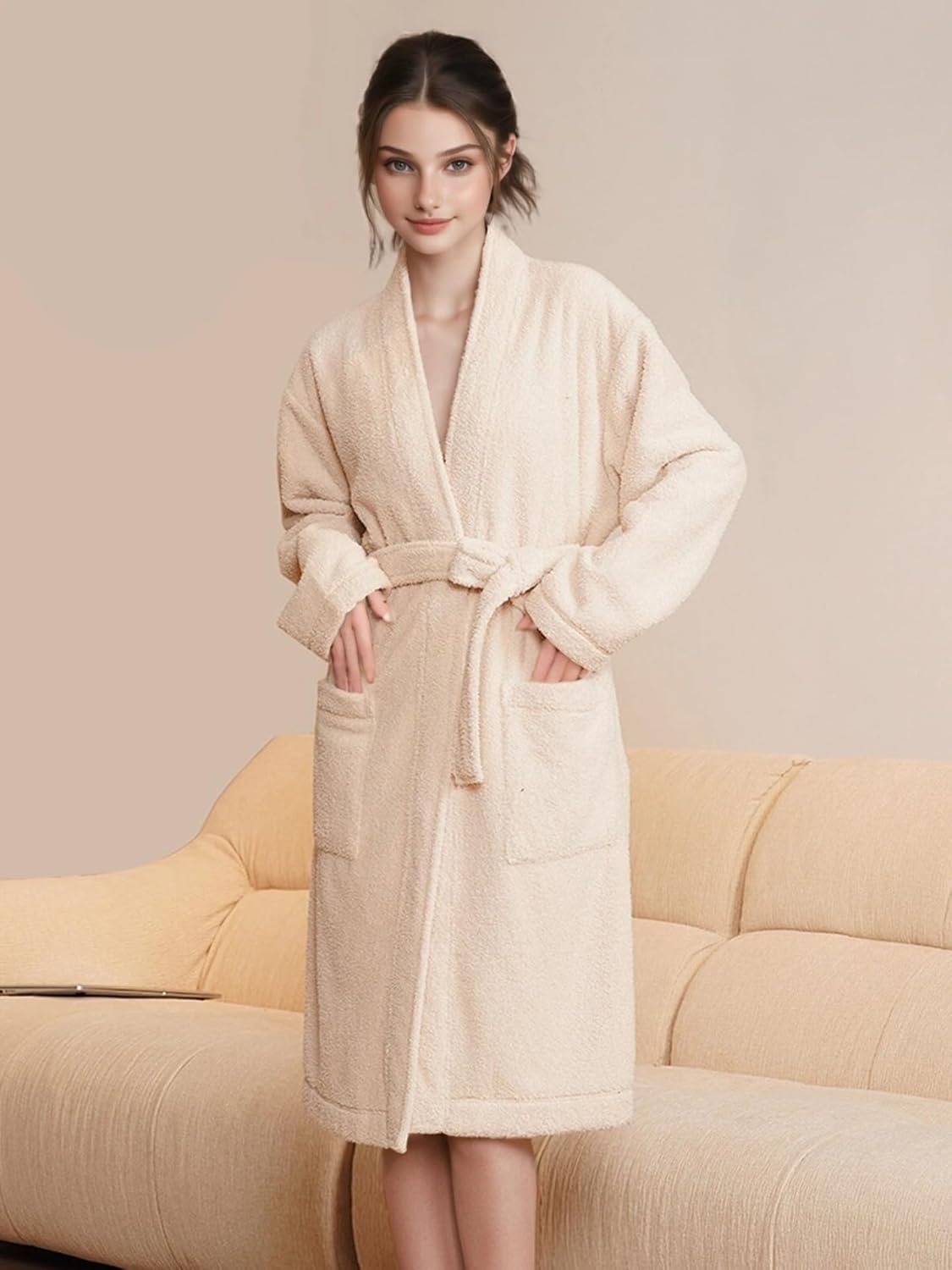 Women's Soft Sherpa Bathrobe Cozy Plush Mid-Calf Robe for Spa Swim After Pool Lounging at Home