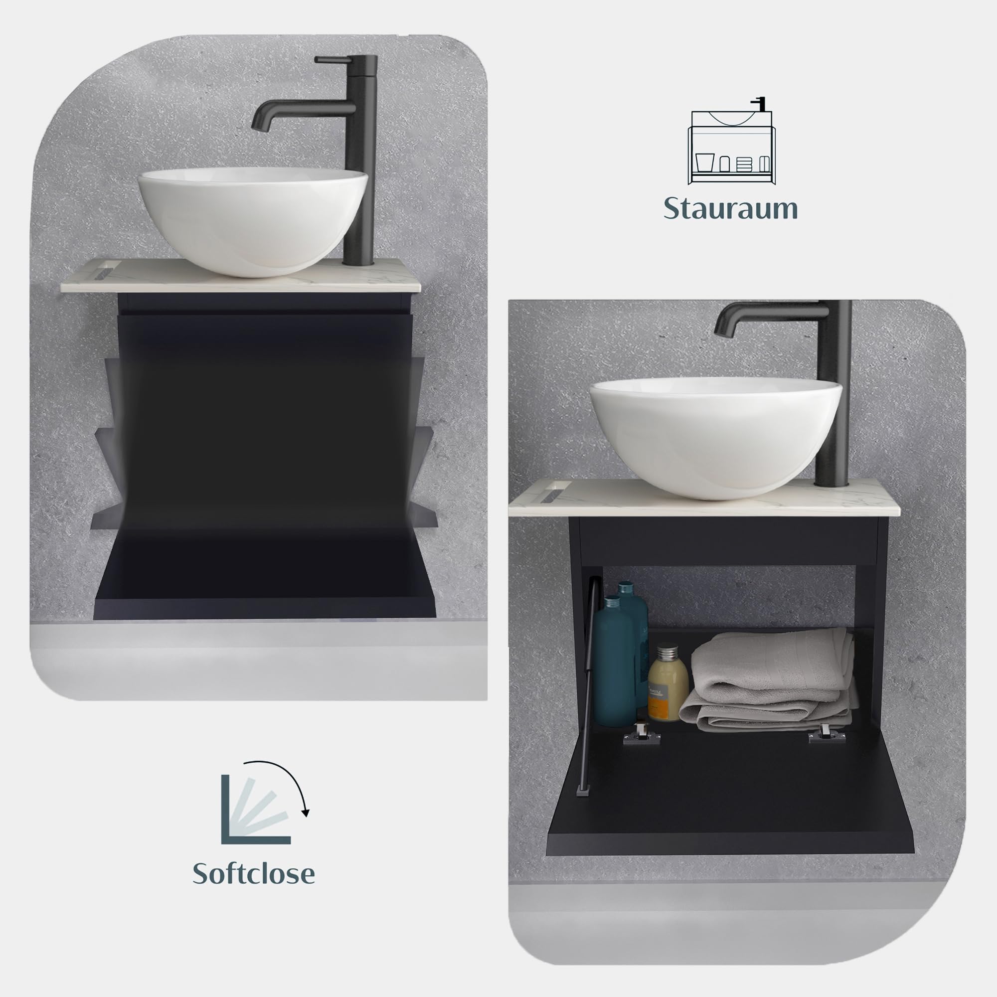 Alpenberger Aufsatzwaschbecken mit Unterschrank Klein, Badmöbel Set Schwarz für Bad & Gäste-WC, kleines rundes Waschbecken mit Waschbeckenunterschrank, Einzelschrank