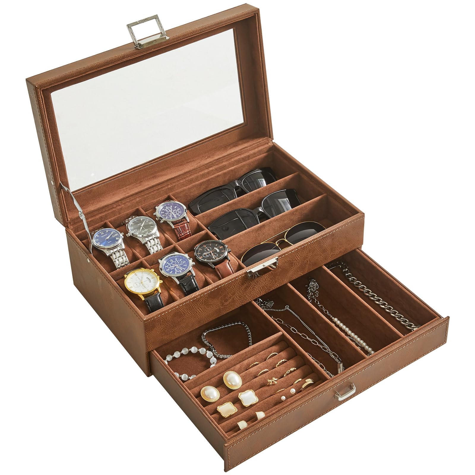 Porta Orologi A 6 Scomparti Con Cassetto Portagioie – Scatola In PU A 2 Livelli, Con Cuscinetti E Vetro, Per Orologi, Occhiali E Gioielli (Nero)