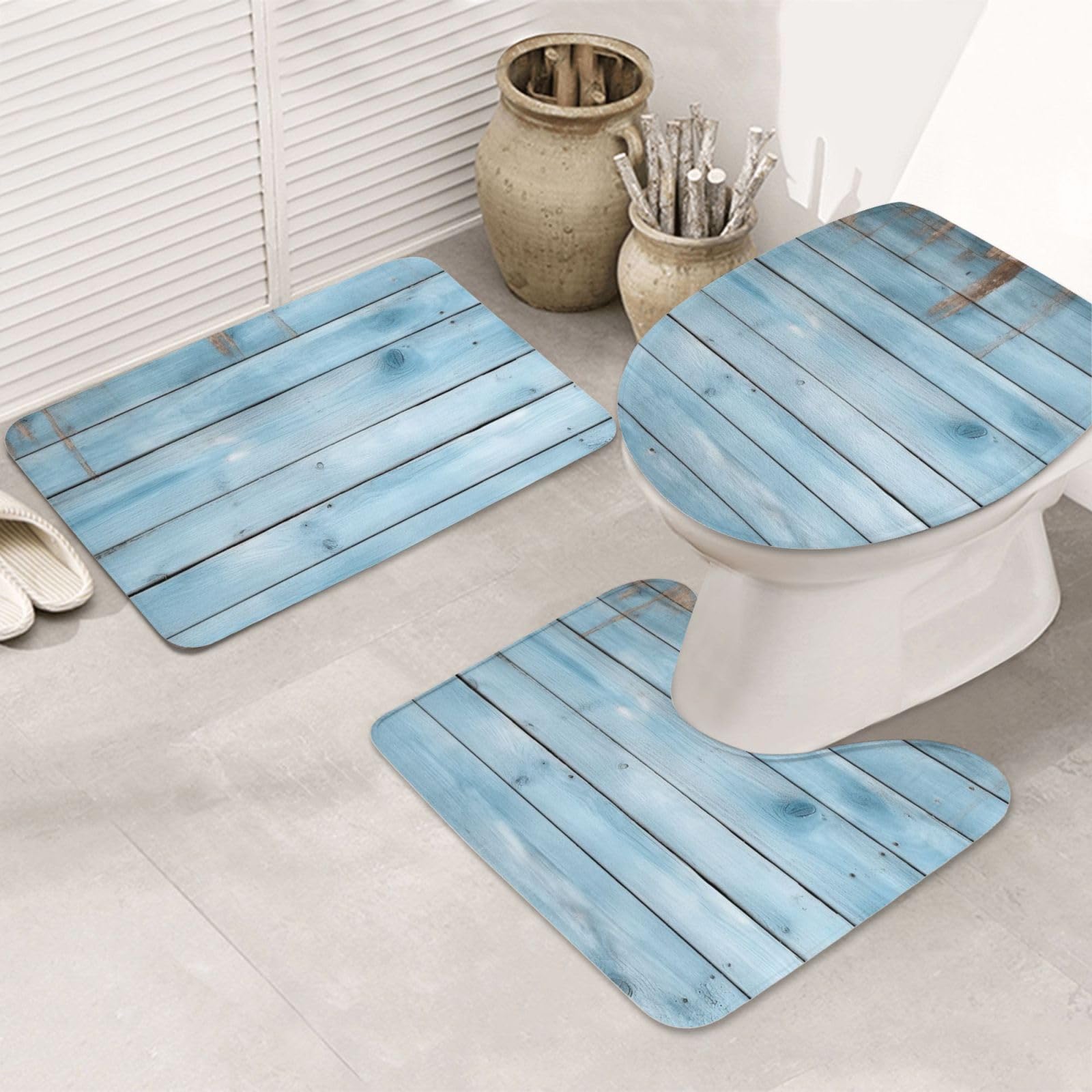 Tapis de salle de bain lot de 3 avec contour WC en U bleu absorbant
