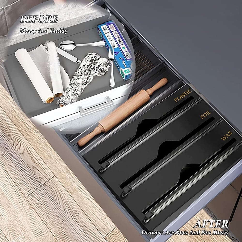 Dérouleur de Film Alimentaire Acrylique 34,5 x 21,6 x 7cm 3 en 1 Distributeur de Film Alimentaire Coupe-Film de Cuisine Distributeur de Film Plastique pour Organisateur de Cuisine